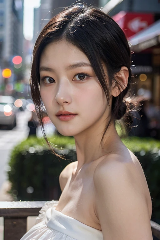 masterpiece, best quality, ultra-detailed, ultra high res, (photorealistic:1.4), raw photo, (realistic:0.2), 8k HDR, realistic cool temperature lighting, (asian:0.2), 1girl, solo, asymmetrical medium hair, outdoor, day, (city background:1.4), bokeh, (detailed lips), (detailed pores), (detailed skin textures), (detailed face:1.2), (upper body:1.2), a woman in a white strapless tube dress, promotional image, a character portrait,