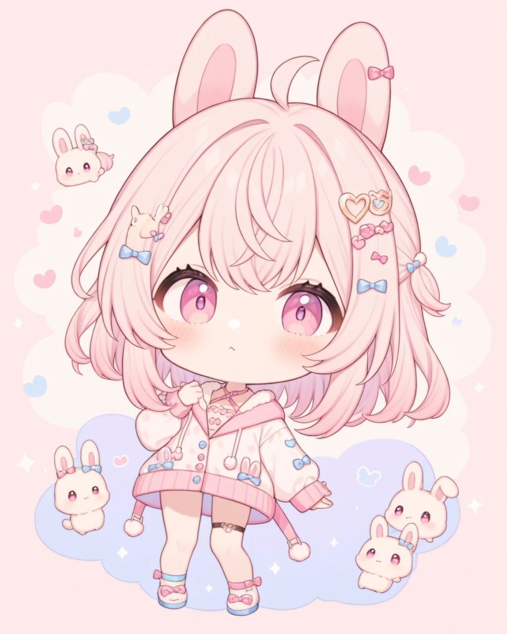 masterpiece, best quality, very aesthetic, absurdres,
 pippa, rabbit ears, bangs, virtual youtuber, pink hair, pink eyes, ahoge, looking at viewer, hair ornament, 
chibi, full body,
<lora:PIPPA-XLv2-t4-000003:0.6>