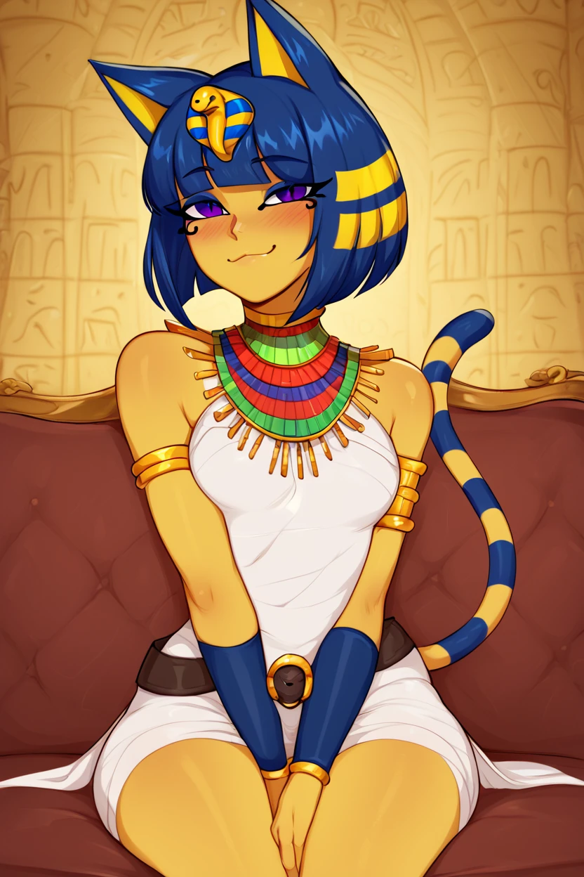 masterpiece, best quality, ultra-detailed, illustration, epic lighting, cinematic composition, 1girl, catgirl, ankha (animal crossing), yellow skin, cat tail, cat ears, short blue hair, bangs, white dress, sitting, (from below:1.1), cowboy shot, expressionless, (looking at viewer:1.1), outdoors, desert, sand, oasis, palm trees, river, pyramid, (8k:1.1)