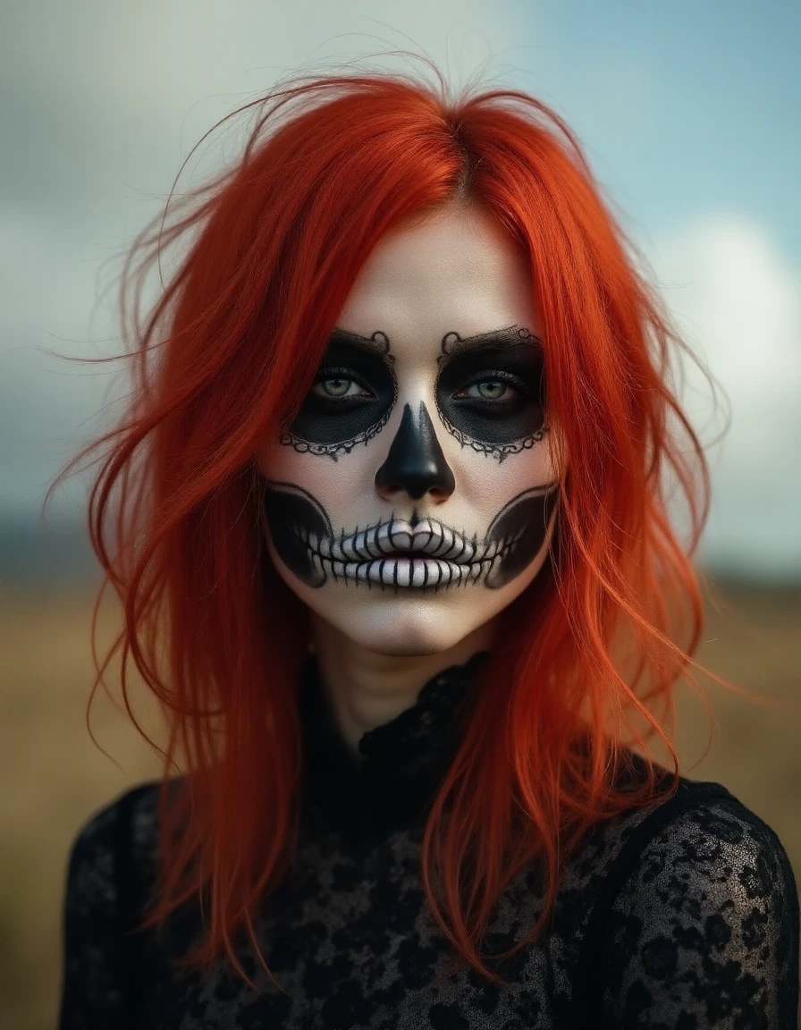 long shot scenic professional photograph of Red head girl  <lora:skullmakeup:1> skullmakeup, perfect viewpoint, highly detailed, wide-angle lens, hyper realistic, with dramatic sky, polarizing filter, natural lighting, vivid colors, everything in sharp focus, HDR, UHD, 64K