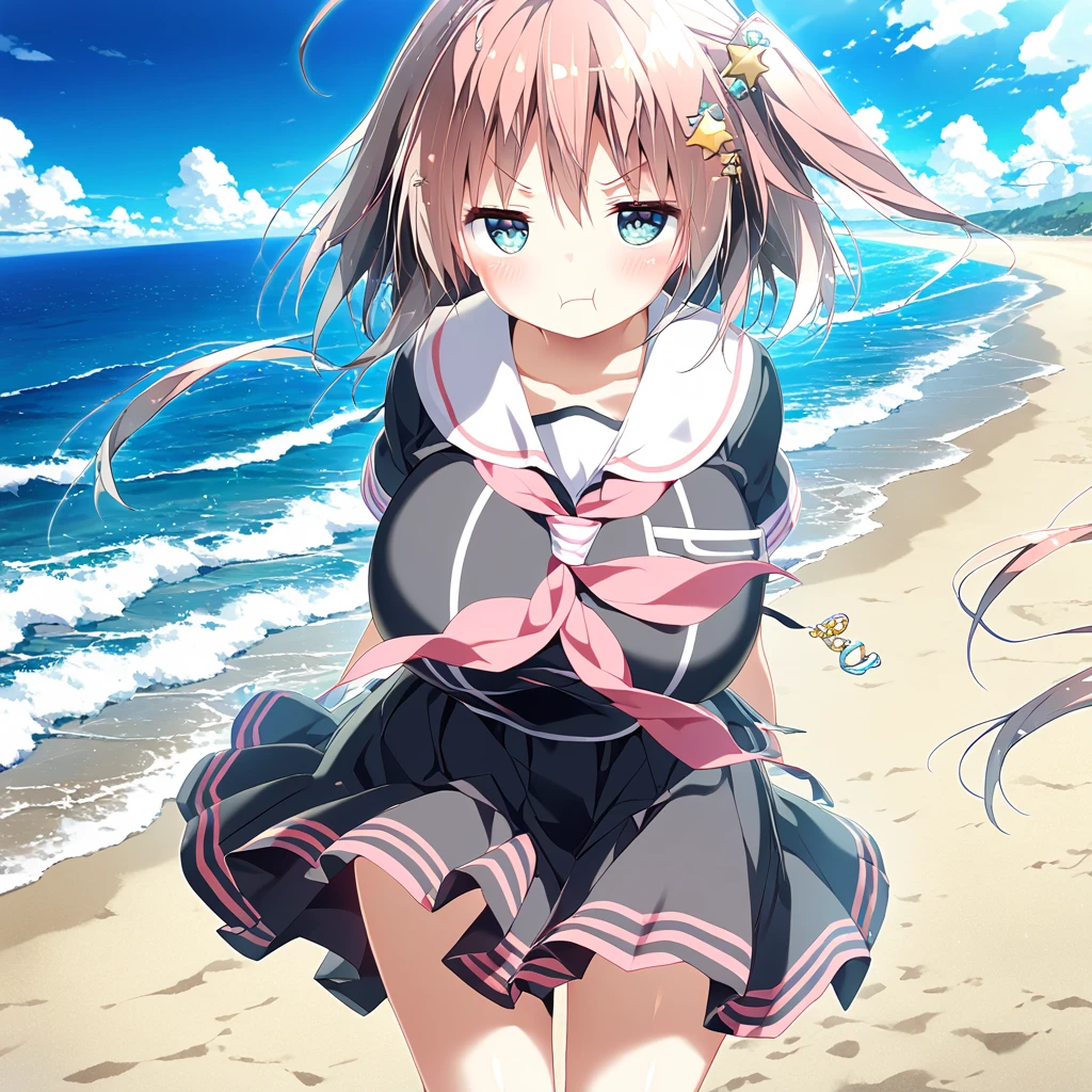 1girl, :t, ahoge, beach, blue sky, blush, brown hair, closed mouth, cloud, cloudy sky, day, fisheye, hair ornament, horizon, long hair, looking at viewer, ocean, outdoors, pout, sand, school uniform, serafuku, shore, sky, solo, star \(symbol\), star hair ornament, starfish, water, waves,kino,konomi,masterpiece, best quality, very aesthetic, absurdres,2022,2023,   <lora:minori-v1:1>