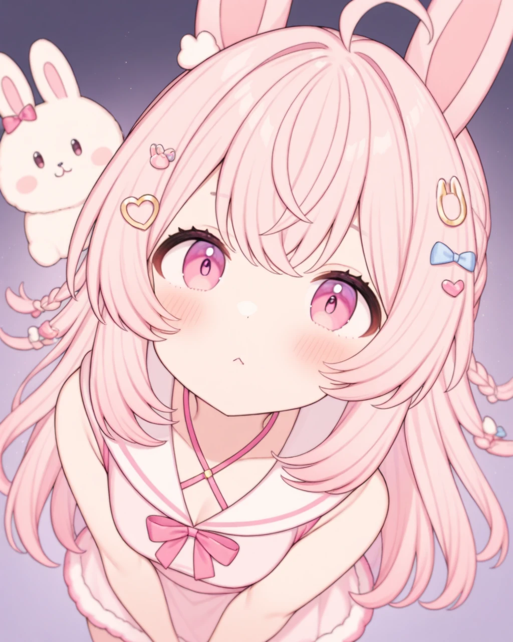 masterpiece, best quality, very aesthetic, absurdres
 pippa, rabbit ears, bangs, virtual youtuber, pink hair, pink eyes, ahoge, looking at viewer, hair ornament, 
overhead, cowboy shot, 
 <lora:PIPPA-XLv2-t4-000003:0.6>