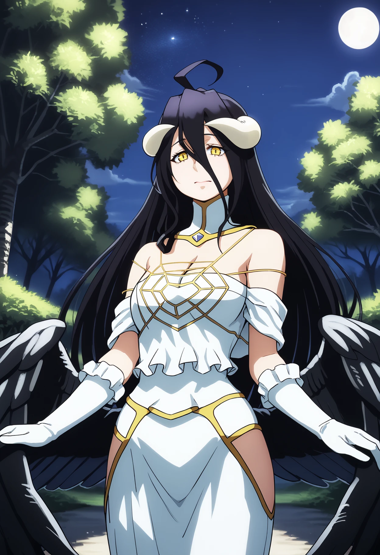 score_9, score_8_up, score_7_up, marker \(medium\), source_anime  BREAK,
1girl, albedo \(overlord\), black hair, long hair, hair between eyes, ahoge, yellow eyes, slit pupils,
horns, demon girl, demon horns, low wings, black wings, feathered wings, large breasts,
bare shoulders, cleavage, detached collar, hip vent, white dress, white gloves,
outdoors, night, forest, night, moon, starry sky, looking at viewer, cowboy shot, dutch angle,
[refraction|caustics|rim lights|backlighting|bloom]    <lora:AlbedoPDXL_byKonan:1> <lora:OmarDogantXL:1>