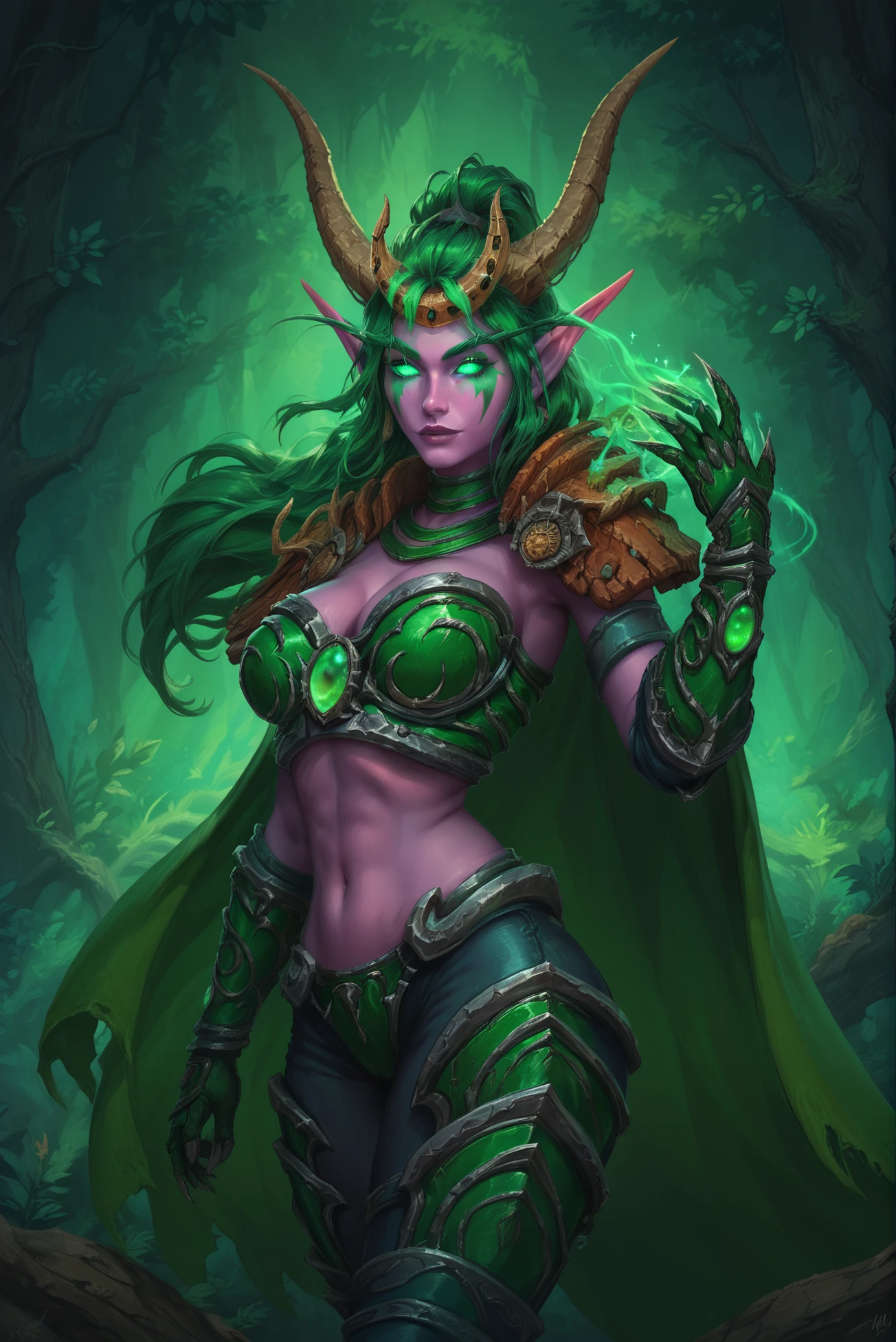 Girl, orc, green color, big chest, thin waist, big ass, focus on ass, transparent clothing