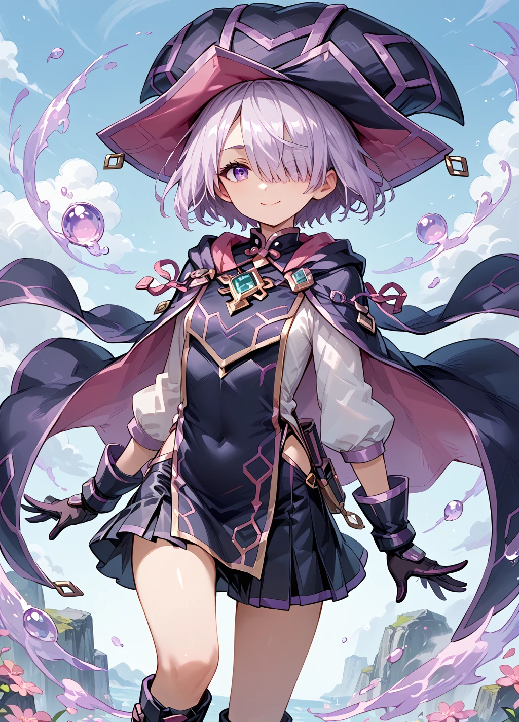 score_9_up, score_8_up, score_7_up,  score_anime,high quality,
cyberse sage.1girl.hat, solo, hair over one eye, gloves, short hair,  smile,  purple hair, skirt,   boots,short cloak.tabard.
<lora:add-detail-xl:1> <lora:cyberse sagev1:0.75>