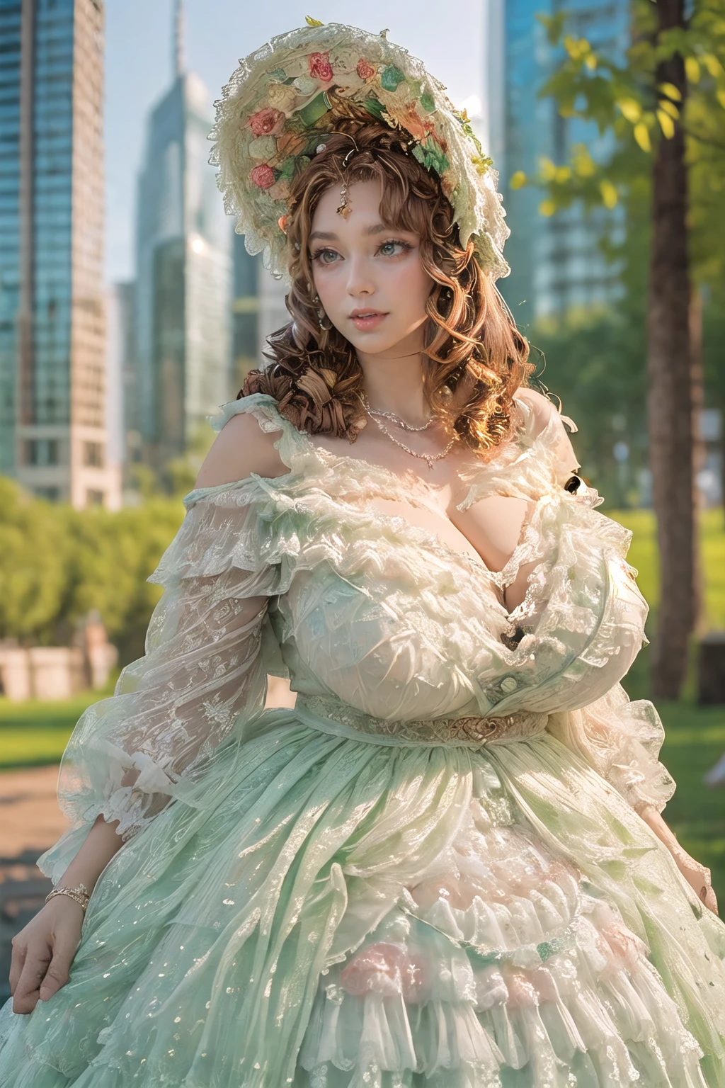 (masterpiece, best quality:1.2),illustration,8k,hd,1girl,solo,brown hair,long hair,cowboy shot,
llfm,hair ornament,white dress,frills,lace-trimmed dress,jewelry,pearl necklace,bonnet,off shoulder,green ribbon,
(collarbone:1.2),large breasts,saggy breasts,(cleavage:1.2),extremely detailed dress,(outdoors,skyscraper:1.5),