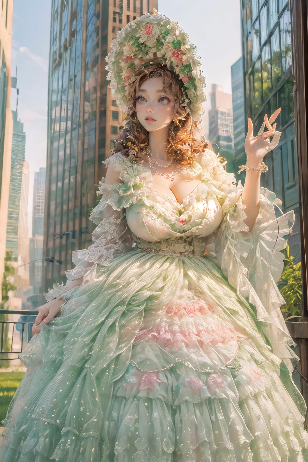 (masterpiece, best quality:1.2),illustration,8k,hd,1girl,solo,brown hair,long hair,cowboy shot,
llfm,hair ornament,white dress,frills,lace-trimmed dress,jewelry,pearl necklace,bonnet,off shoulder,green ribbon,
(collarbone:1.2),large breasts,saggy breasts,(cleavage:1.2),extremely detailed dress,(outdoors,skyscraper:1.5),