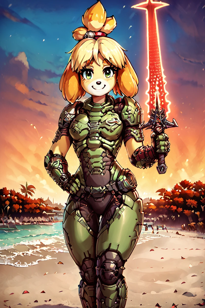 score_9, score_8_up, score_8, medium breasts, (curvy), cute, eyelashes,       BREAK, , ,,,    zzIsabelleDoom, looking at viewer, smile, smirk, power armor, weapon over shoulder, power armor, energy sword, crucible (doom), ocean, outdoors, palm tree, sand, short hair, sky, smile, standing, tail, tail wagging, tree, twistedscarlett60, , BREAK, hip to the side, hand on hip, contrapposto,,   <lora:Isabelle_Doom_Slayer_PDXL:0.8>,  ,,,, BREAK, zzEiffelTower in background, sitting, watercraft, boat, sitting on wall, side view, looking at viewer, smile, ,,, BREAK, blooming stars, luminescent petals, otherworldly fragrance blurry background, ,,, embedding:zPDXL, Expressiveh, ,,, <lora:EiffelTowerPDXL:0.8>, <lora:CatalystStylePDXL:0.6>, <lora:SDXLFaeTastic2400:0.5>, <lora:Expressive_H-000001:0.4>,