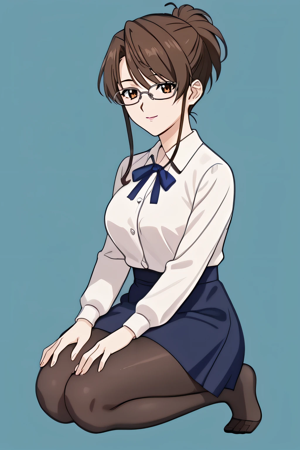 score_9, score_8_up, score_7_up, source_anime, rating_safe, intricate details, anime screencap, official style, 1girl, <lora:Misaki:1>, himegotomisaki, brown hair, glasses, ponytail, brown eyes, thick thighs, large breasts, <lora:Artoria_outfit:0.6>, collared shirt, blue ribbon, blue skirt, black pantyhose, feet, looking at viewer, smile, expressionless, simple background, kneeling, full body, hands on own knees, from side