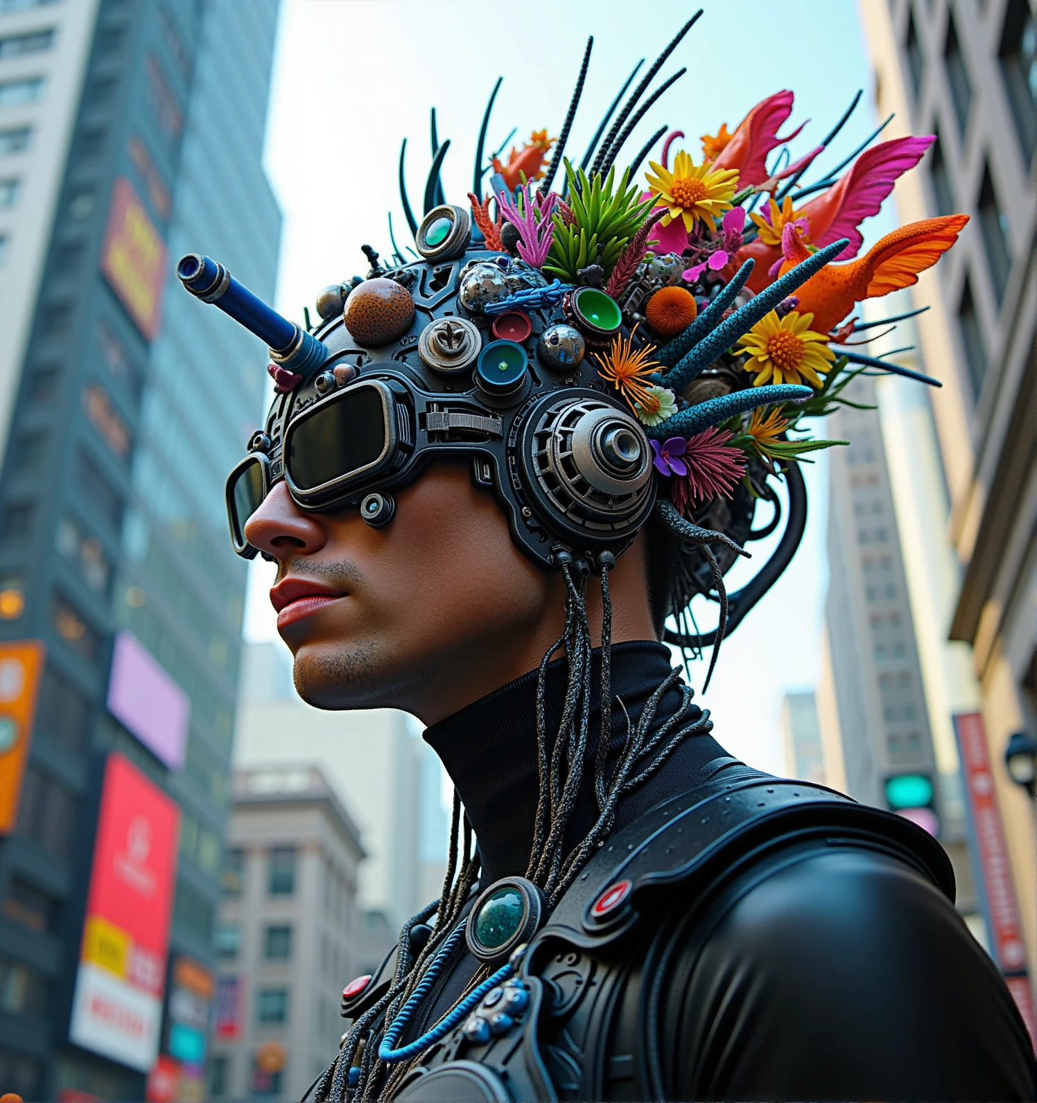 fantastical-headdress,cyberpunk style of a cyborg male standing in city