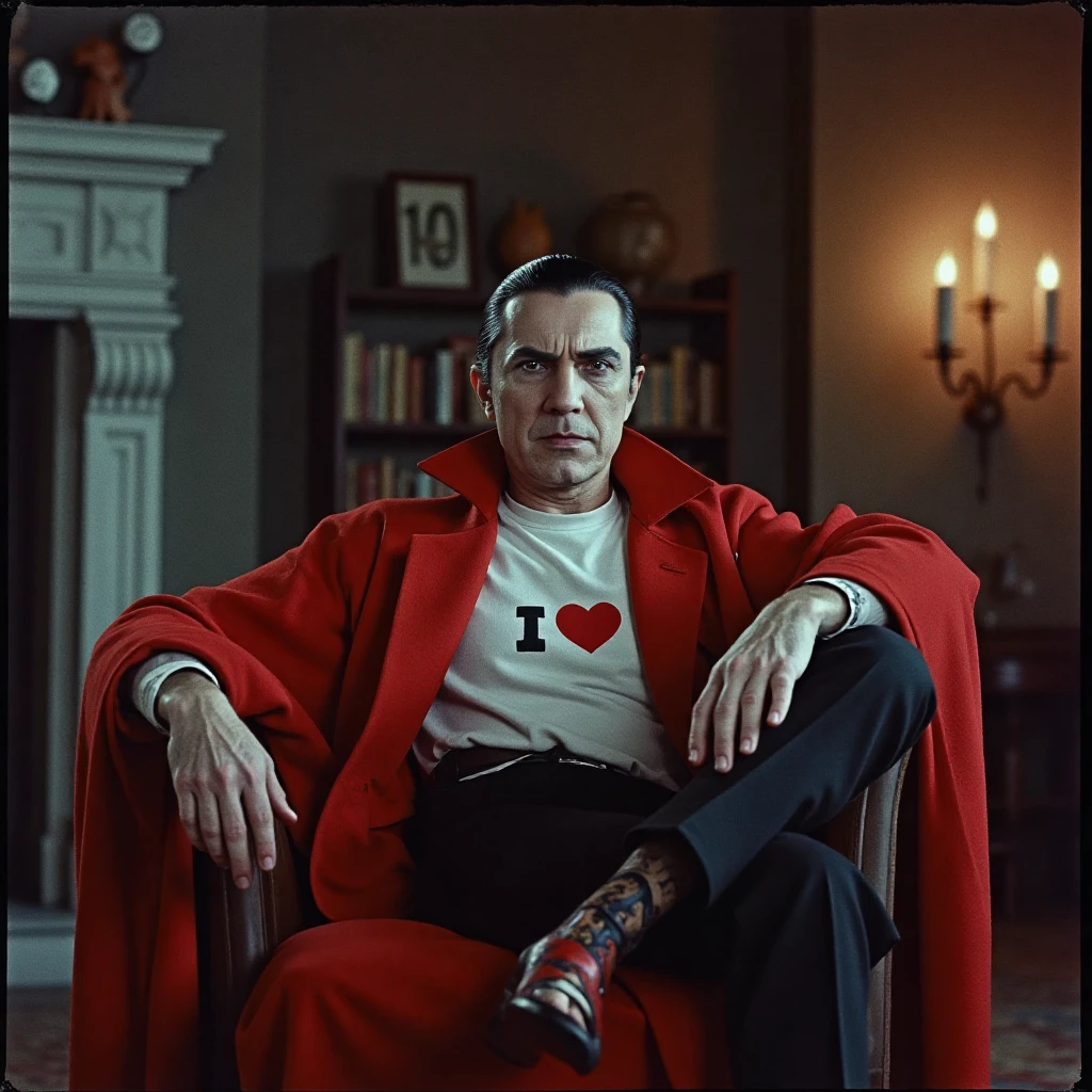 Mody film shot of DraBelacula Vampire Count Dracula Bela Lugosi. We see his Vampire teeth. He sits cross-legged on the cozy soft chair next to the coozy fireplace in big castle, his leggs wrapped in a cozy red blanket. He wears T-shirt with title "I love Halloween". He looks to the camera. Grey old cutle atmosphere. Halloween atmosphere with a lot of halloween stuff at the background, ultra detailed, polaroid grainy film stock