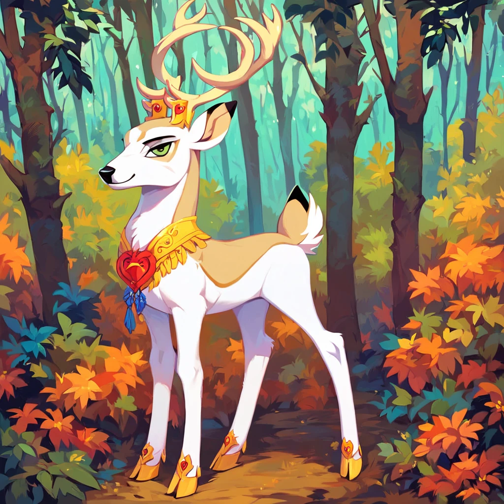 score_9_up, score_8_up, score_7_up, score_6_up, king aspen, deer, 1boy, full body, solo, male, forest background, trees, looking at viewer, regal, elegant, thin legs, white fur, masterpiece, character focus, best quality