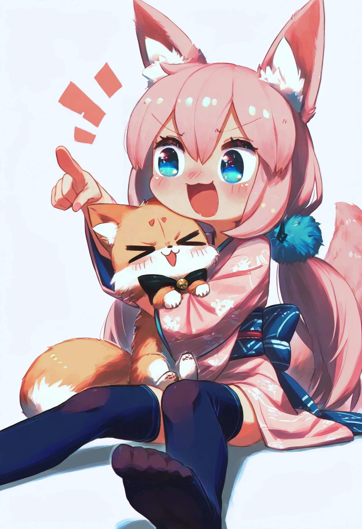 score_9,score_8_up,score_7_up, porforever, 1girl, excited, pink hair, blue eyes, low twintails, fox ears, holding cat, hugging, print kimono, pink kimono, pink tail, thighhighs, no shoes, sitting, white background, xd, pointing