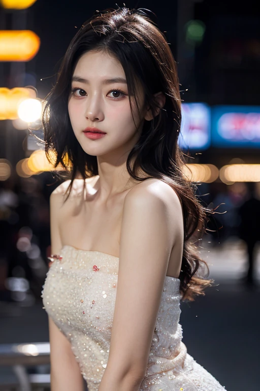 masterpiece, best quality, ultra-detailed, ultra high res, (photorealistic:1.4), raw photo, (realistic:0.2), 8k HDR, realistic cool temperature lighting, (asian:0.2), 1girl, solo, asymmetrical hair, outdoor, day, (city background:1.4), bokeh, (detailed lips), (detailed pores), (detailed skin textures), (detailed face:1.2), (upper body:1.2), a woman in a white strapless tube dress, promotional image, a character portrait,