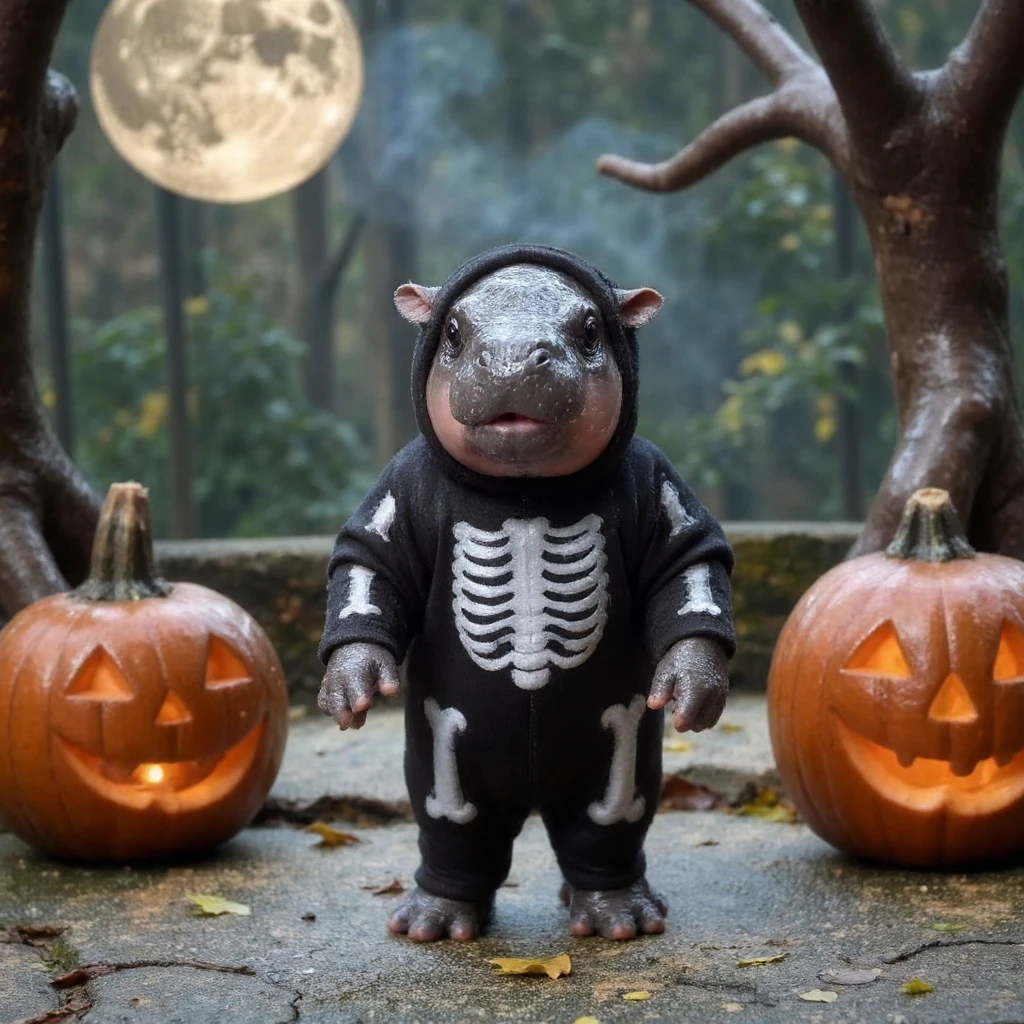 A playful image of a cute baby hippo dressed in a skeleton costume for Halloween. The hippo’s chubby body is humorously wrapped in a black costume with white skeleton bones printed on it, contrasting with its soft grey skin peeking out around the edges. The baby hippo is standing proudly, its round face wearing an adorable, innocent expression, with small ears perked up and eyes full of curiosity. The scene is set in a spooky yet fun environment, with carved pumpkins glowing nearby and a full moon casting eerie shadows on the ground. The background features tall trees with twisted branches and faint mist swirling around, creating a lighthearted, spooky Halloween atmosphere. The hippo’s skeleton costume adds a touch of humor and cuteness to the scene.
