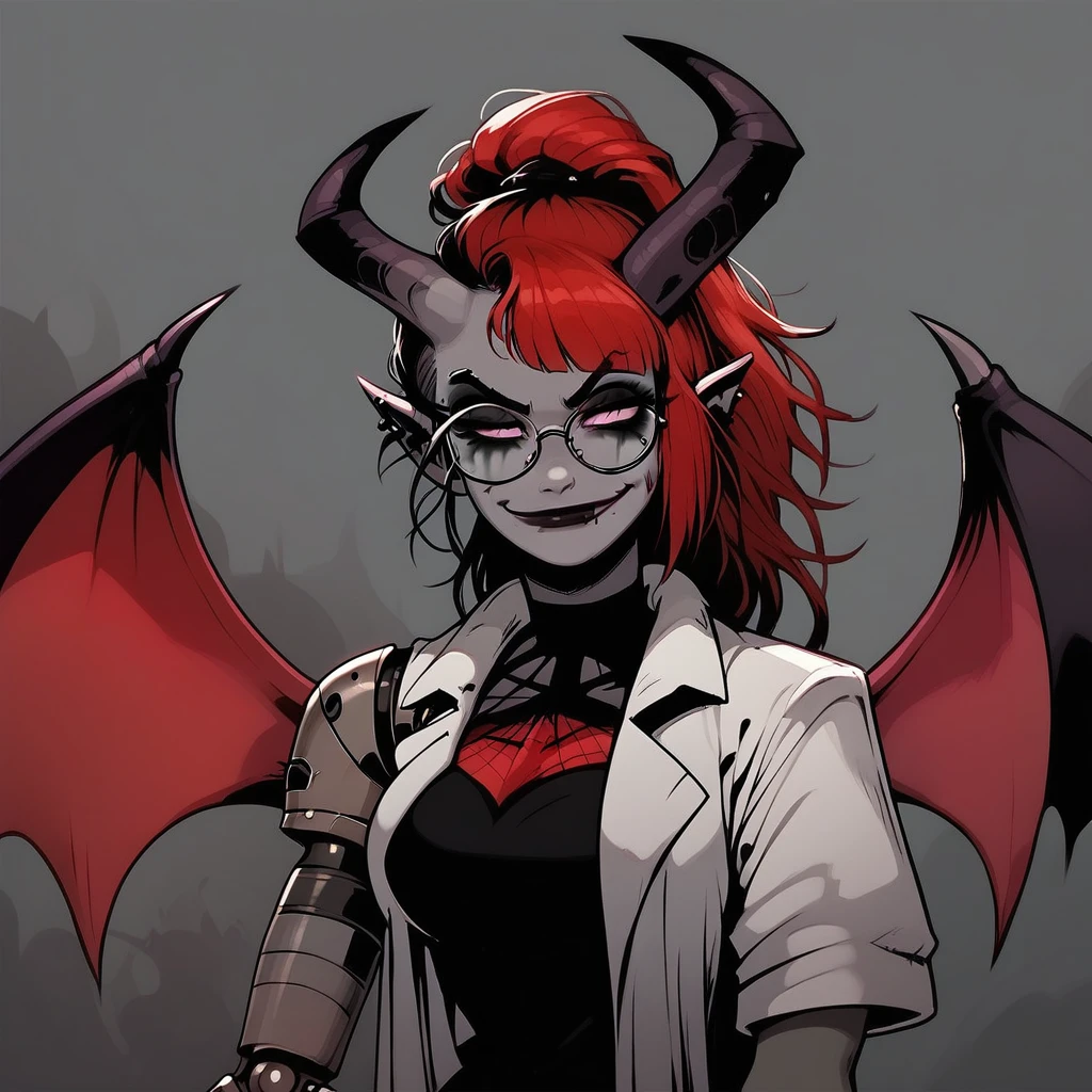 score_9, score_8_up, score_7_up, <lora:ShitpostSuccubusV2:1> SophraxiaHornyscientistV2, succubus, 1 girl, grey skin, goth, goth girl, goth makeup, grey colored skin, red hair, demon girl, horns, wings, bat wings, demon wings, red wings, lab coat, coat, single mechanical arm, glasses, round glasses, ponytail, high taied ponytail, side bangs, Oneprostethicarm, pink eyes,, amputee, prosthesis, prosthetic arm, medium breasts, pointy ears,