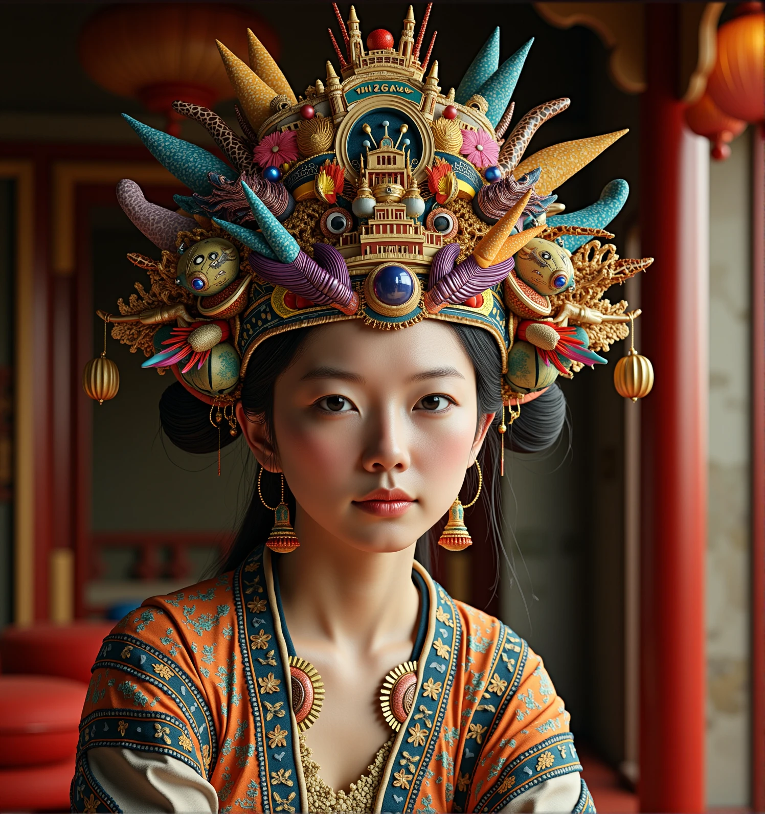 fantastical-headdress with the china palace,a beautiful chinese female sitting in the house