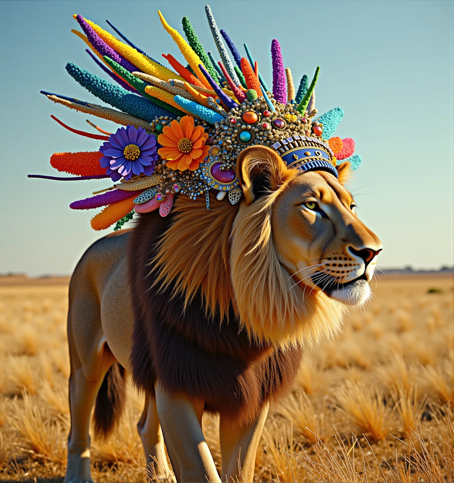 fantastical-headdress,a lion on prairie