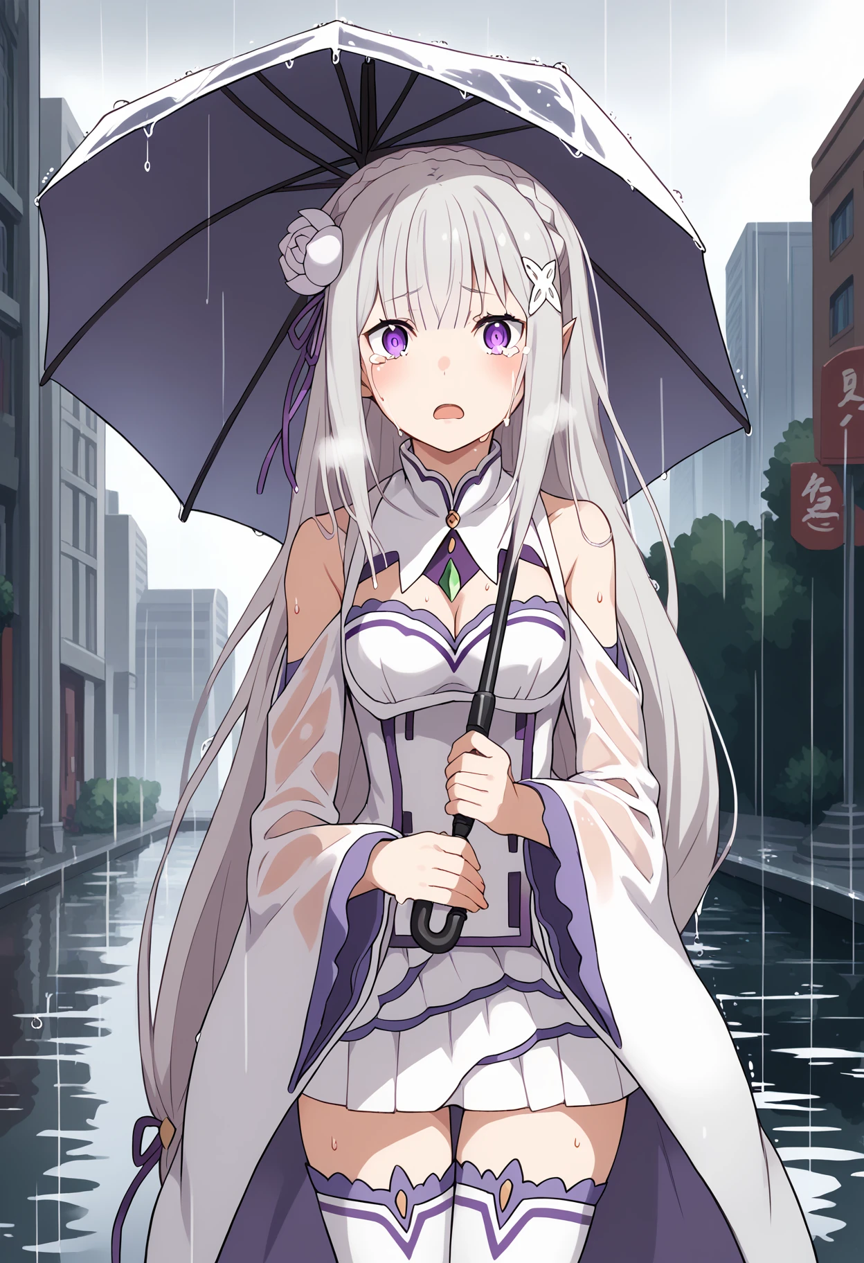 score_9, score_8_up, score_7_up, source_anime, 
BREAK
<lora:shiRainingV1:1>, shirain, rain, day, reflection, water,  
outdoors, wet, wet clothes, wet hair, holding umbrella, umbrella, 
building, city, lamp, skyscraper, car, 
1girl, solo, 
<lora:shiEmiliaV2:1> shimilia, long hair, grey hair, purple eyes, pointy ears, crown braid, hair flower, hair ribbon, purple ribbon, x hair ornament, white dress, cleavage, bare shoulders, wide sleeves, white thighhighs, thigh boots, 
looking at viewer, crying, streaming tears, open mouth, trembling, heavy breathing, cold, nervous sweating,