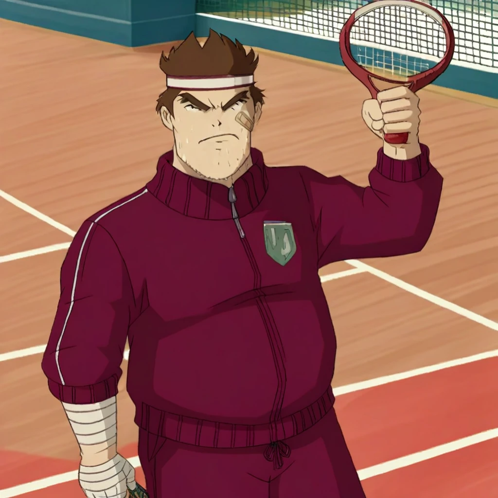 coachjim, coachjim-outfit2, mature male, 1boy, male focus, bandage on face, solo, brown hair, arm hair, headband, track jacket, track suit, track pants, high-angle voooooo, tennis court, holding tennis racket, sweat droplets, dynamic pose, realistic shading, detailed