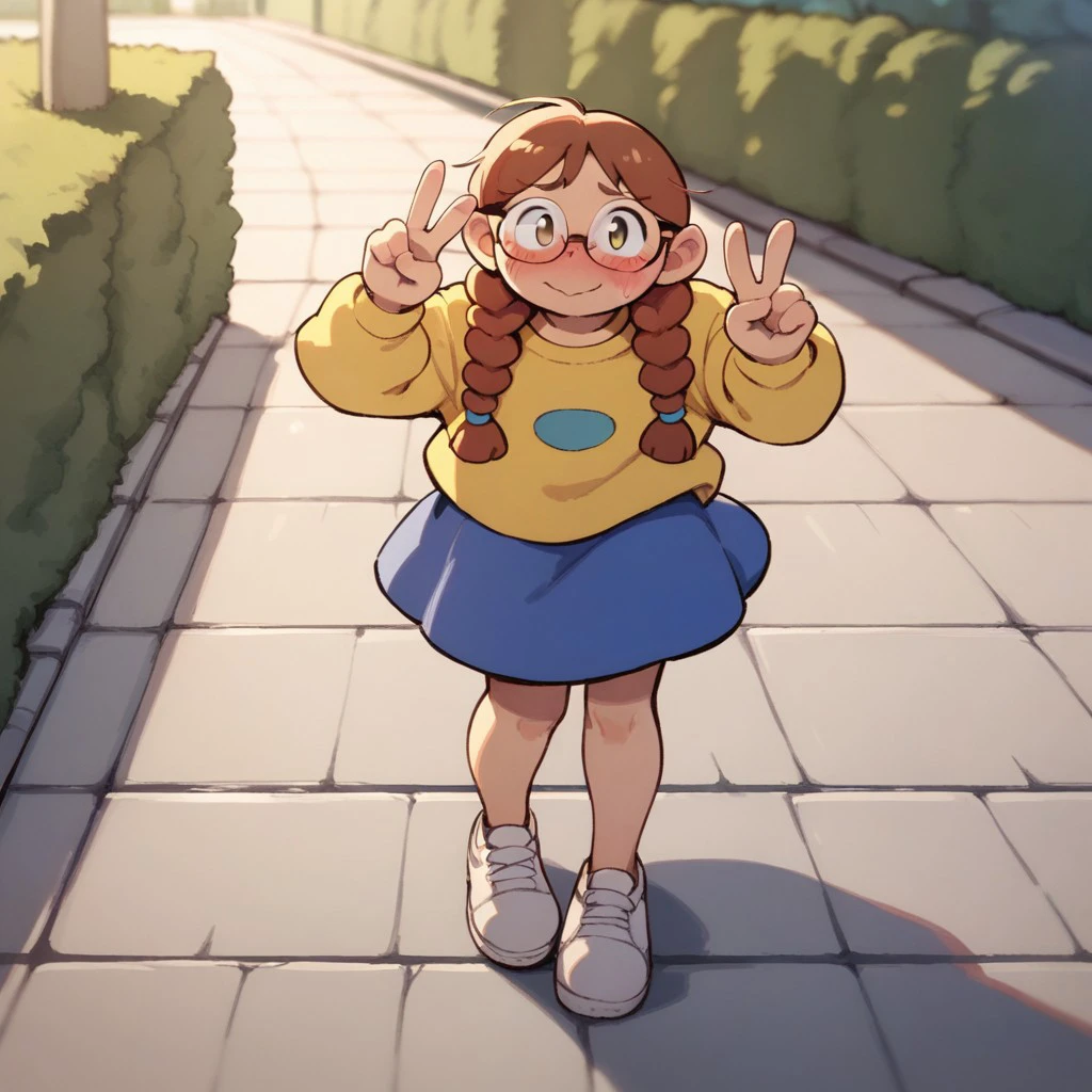 score_9, score_8, score_7, break, lizzie_knd, twin braids, glasses, brown hair, yellow shirt, blue skirt, sidewalk, v, blush, looking at viewer, natural lighting