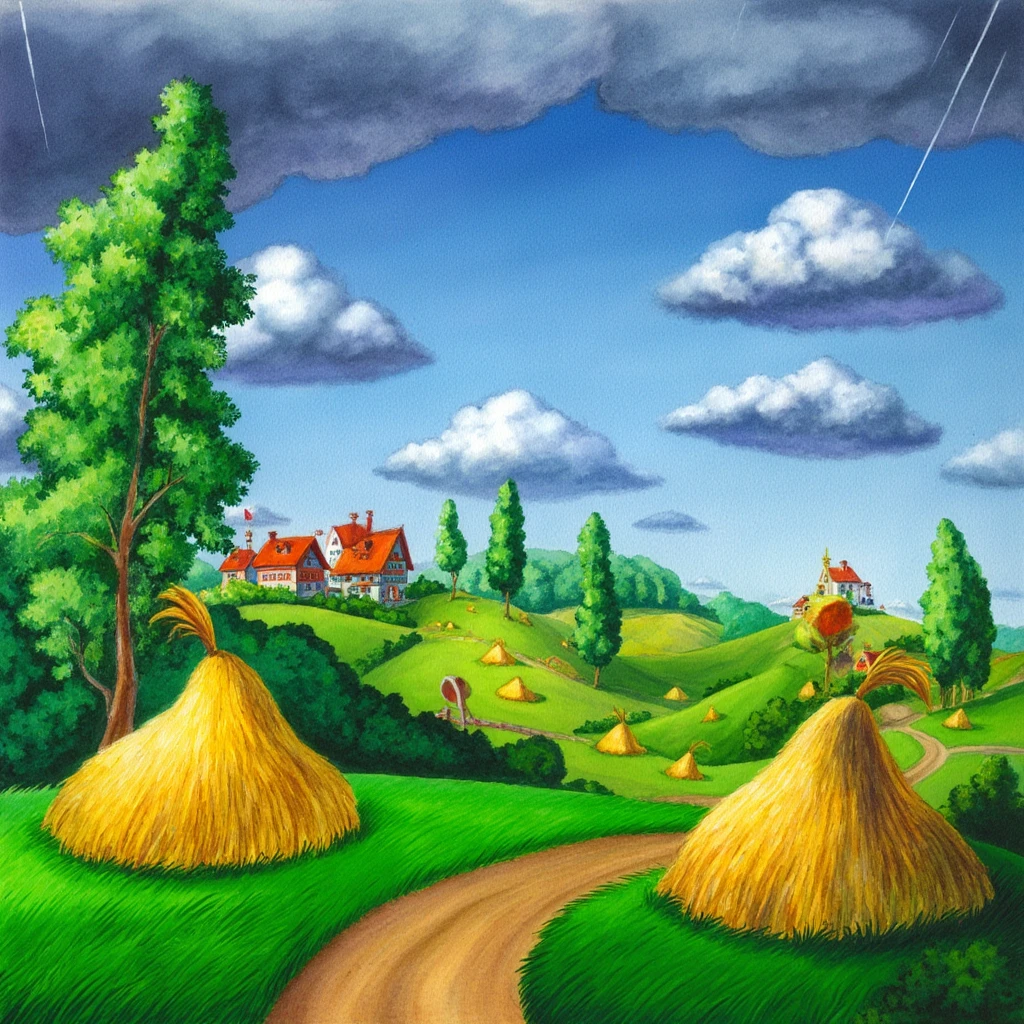 The PIVIG image style. This is a vibrant, whimsical, digital illustration depicting a fantastical, idyllic countryside scene. The image features a lush, green landscape with rolling hills and a winding dirt path cutting through the center, leading the viewer's eye towards the horizon. The foreground is dominated by several large, golden haystacks, each topped with a small, pointed roof and a flagpole bearing a flag, adding a whimsical touch. The haystacks are placed irregularly across the scene, some near the path and others in the distance.

Tall, slender trees with lush green foliage line the left side of the image, with a particularly tall tree standing out on the left, its branches stretching towards the sky. The sky above is a gradient of blue, transitioning from a deep azure near the horizon to a lighter shade at the top, filled with fluffy, dramatic, dark grey and white clouds. Rain is falling from the clouds, creating a sense of movement and depth.

In the background, a charming, colorful village with red-roofed buildings and chimneys is nestled on a hill, surrounded by more greenery. The village architecture is detailed with steeply pitched roofs and chimneys, giving it a quaint, storybook appearance.