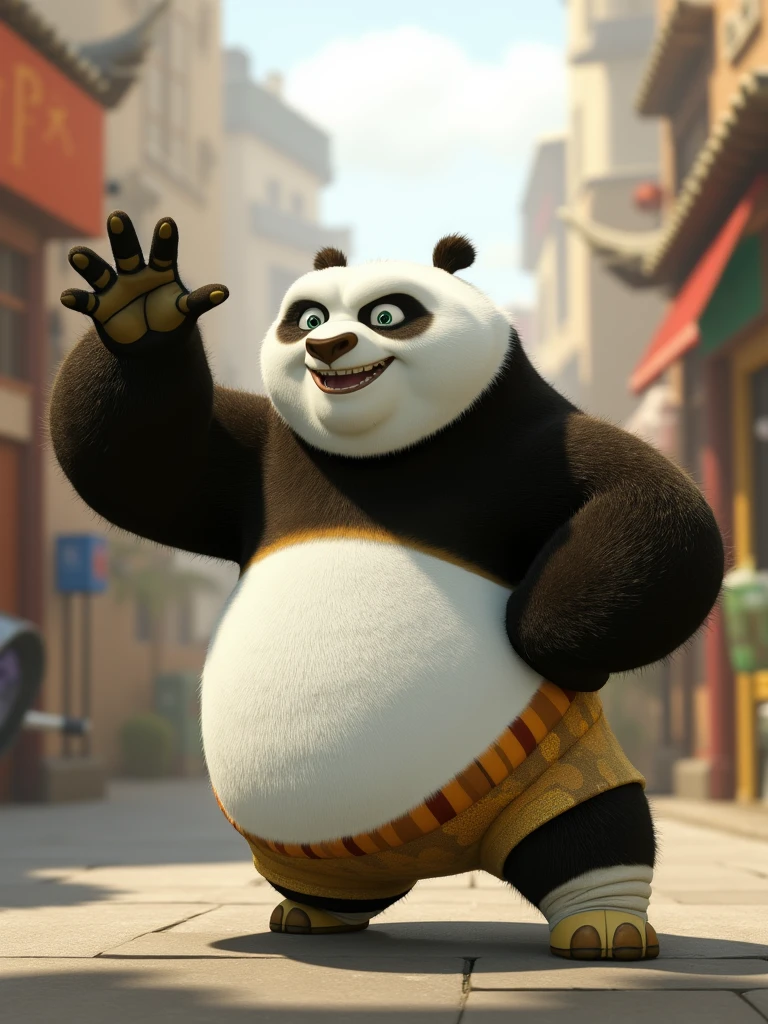 Po character Kung Fu Panda,Po,Happy and playful,street background,