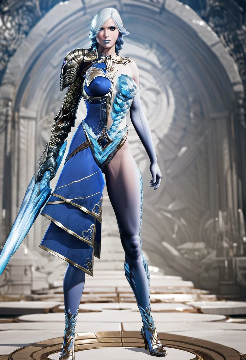 AuroraParagon, 1girl, solo, white hair, blue eyes, short hair, makeup, lips, armor, large breast, lipstick, weapon, sword, dress, asymmetrical clothes, high heels, shoes, shoulder armor, crystal, ice, frost, eyeshadow, pale skin, gauntlets, pauldrons, dress ornament, armor ornament, bracer, ice crystal, ice armor,seductive pose,ruins,sexy pose,epic scene,
score_9, score_8_up, score_7_up, beautiful aesthetic, very intricate, high quality details,vibrant, highly detailed, award-winning, professional,anime artwork, anime style, studio anime, athletic, toned female,muscular milf,curvy body, athletic girl,fit girl, perky tits,huge breast,perfect tits, round breasts, nipple outline,looking at viewer, pinup pose,teasing, dynamic lighting, cinematic, smug, better than you, aura of temptation, highly detailed, high resolution, masterpiece, detailed clother, detailed background, highly detailed, ((sound effects)) comic layout,