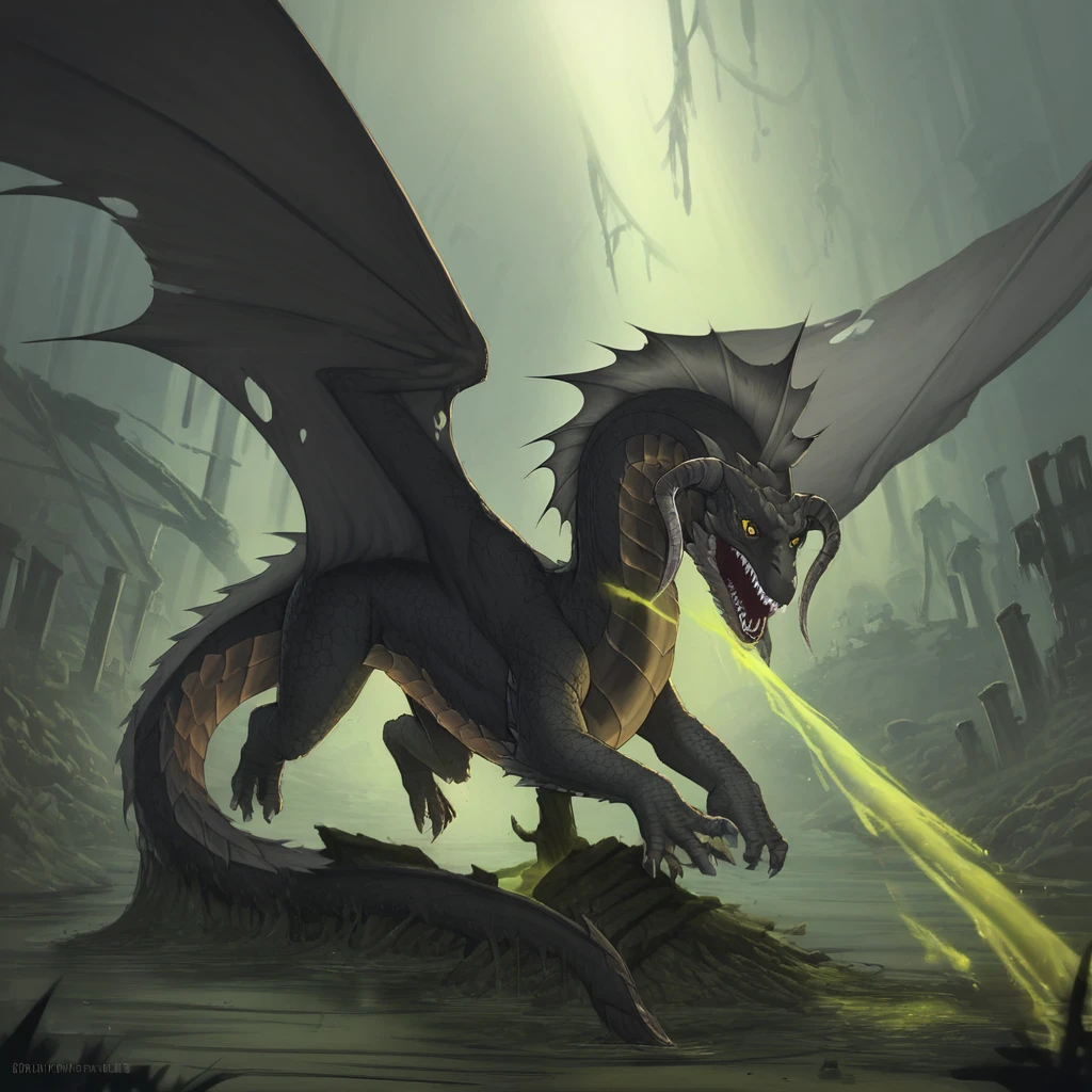 Masterpiece, score_9, score_8, score_7, highres, source_cartoon, 2.5D 
BREAK
detailed, Feral, dragon, sharp teeth, open mouth, claws, horns, tail, solo, monster, yellow eyes, curved horns, blackdrg, (black scales:1.5),  breathing acid smoke, stream of acid coming from mouth, (dragon tail), bog , swampy ruins background, membraned wings, wings,