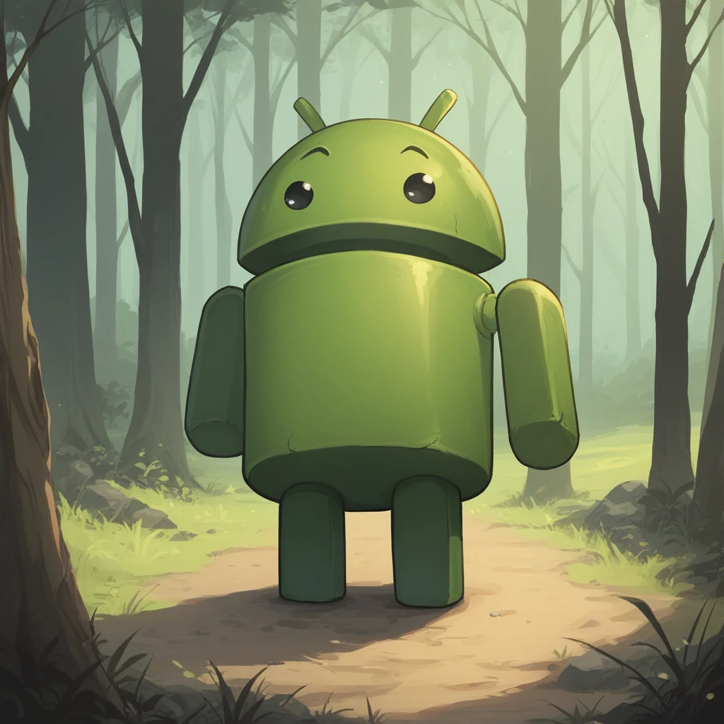 score_9_up, score_8_up, BREAK, BugDroid, no humans, solo, black eyes, green skin, standing, <lora:Bugdroid_GoogleAndroid_PXL_Leaf2:1>, outdoors, forest,