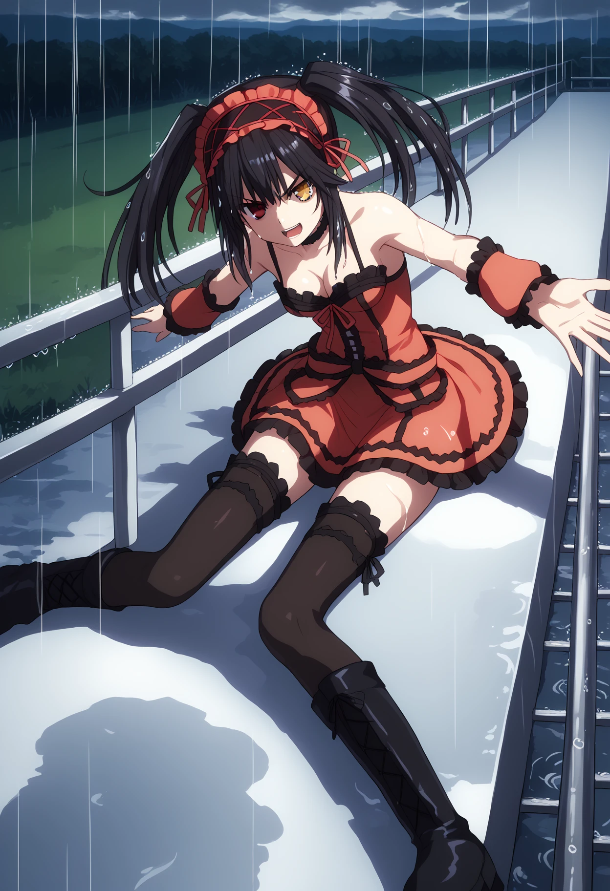 score_9, score_8_up, score_7_up, source_anime, rating_explicit,
BREAK
<lora:shiRainingV1:1>, shirain, rain, night,   
outdoors, wet, wet hair, sitting, against wall, 
1girl, solo, 
<lora:shiKurumiV2:1> kurdef, long hair, black hair, twintails, red eyes, yellow eyes, clock eyes, heterochromia, hairband, bare shoulders, detached sleeves, choker, red dress, cleavage, bow, black thighhighs, lace-up boots,
looking at viewer, angry, shadow, lightning, cloud, 
rooftop, railing, outstretched arms, laughing, open mouth, reflection,