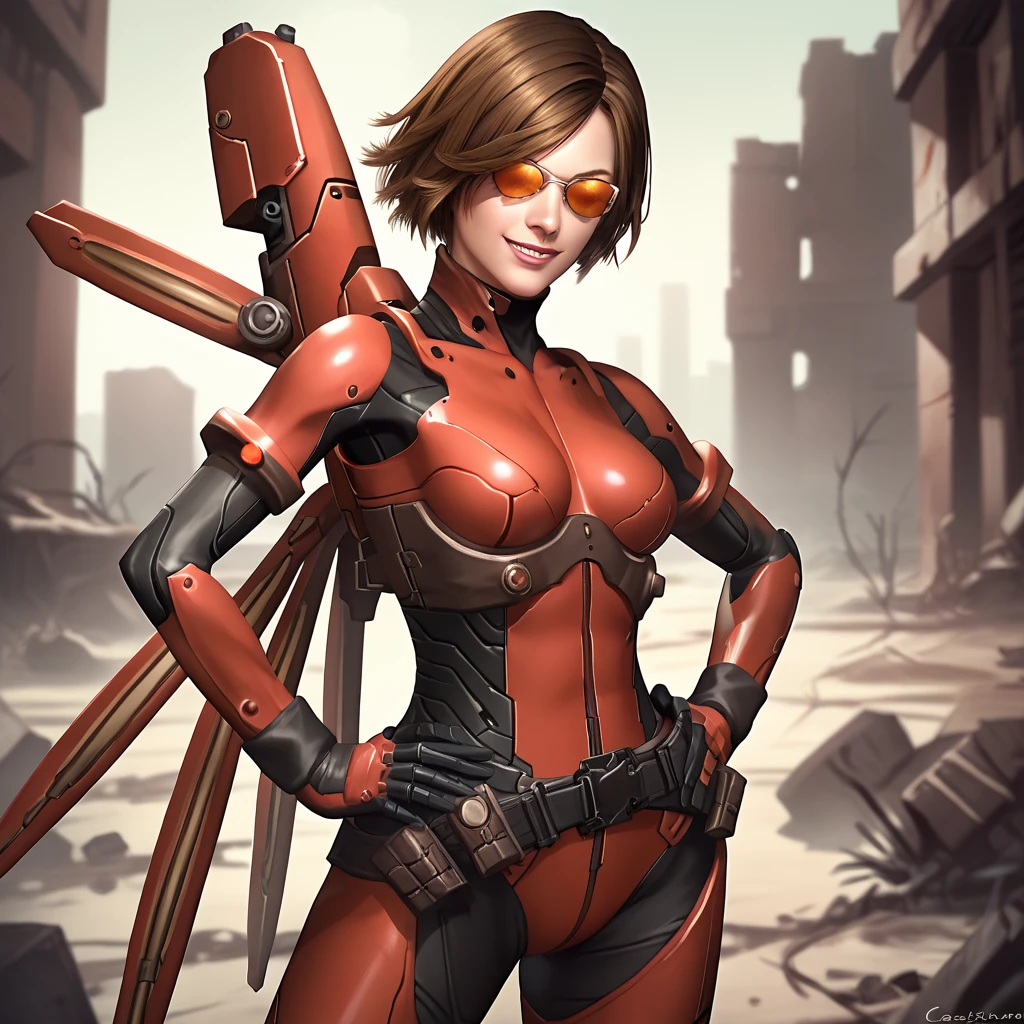 score_9, score_8_up, score_7_up, 1girl, solo, uncensored, vanessaschneider, smile, confident, holding gun, hand on hip, short brown hair, mechanical wings, red bodysuit, skin tight, science fiction, sunglasses, tinted eyewear, outdoors, wasteland, ruins <lora:VanessaSchneiderXL_v1.0:1>