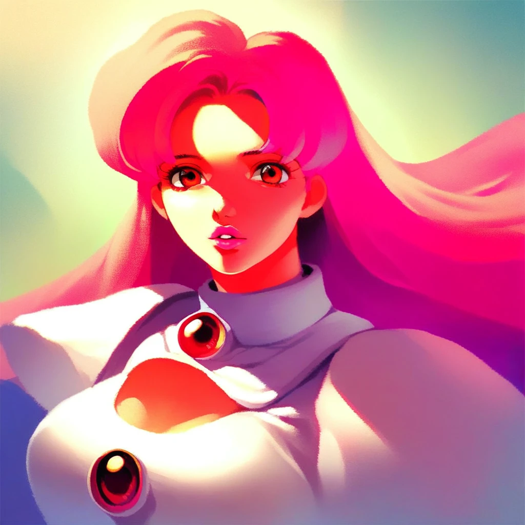 score_9, score_8_up, score_7_up, score_6_up, source_anime, 1980s \(style\), queen_memory, mature female, solo, large breasts, pink hair, portrait, looking at viewer, lips, no outline pink lipstick, parted lips, red eyes, upper body, white dress,