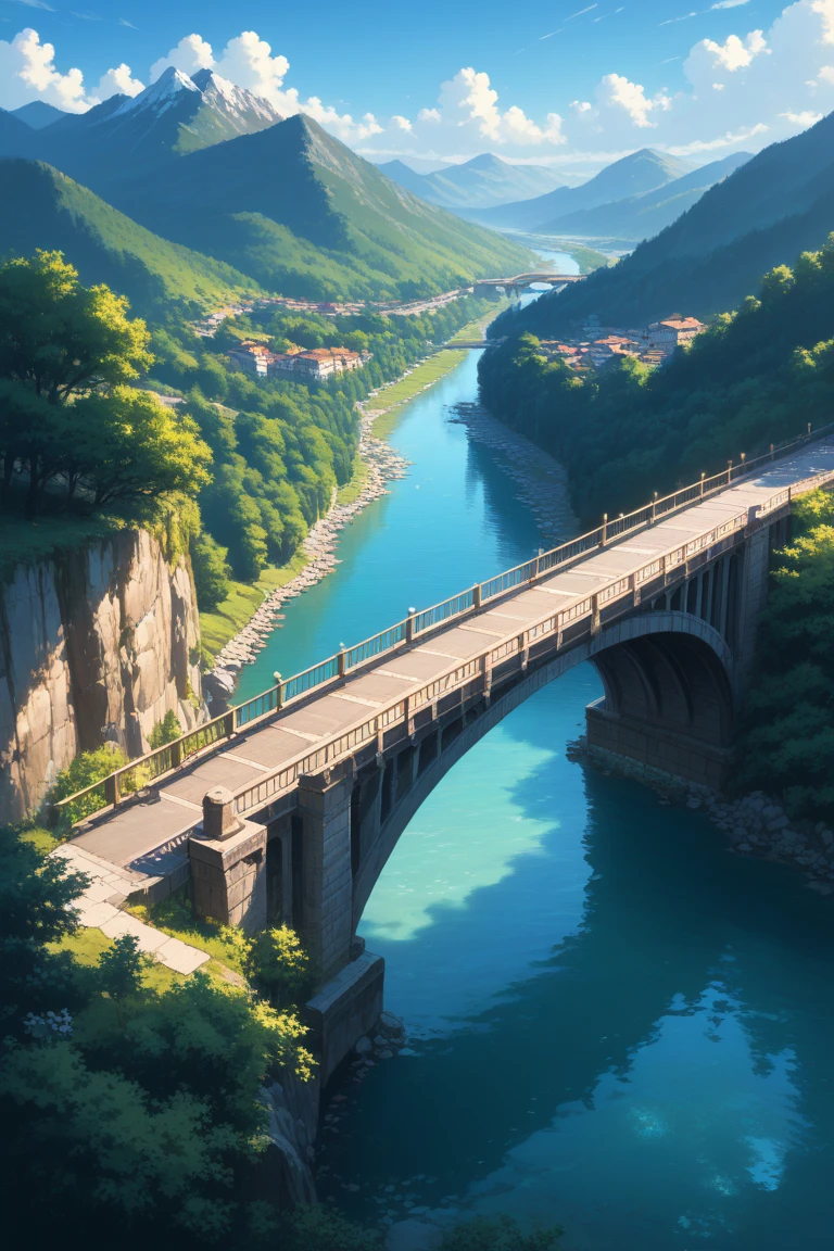 score_9, score_8_up, score_7_up, source_anime, rating_safe, day, natural lighting, bridge focus, CandiBRIDGE, no humans, mountain, water, bridge, blue trees, from above, negative space, scenery, intricately detailed illustration, depth of field, atmospheric perspective, blue theme, monochrome