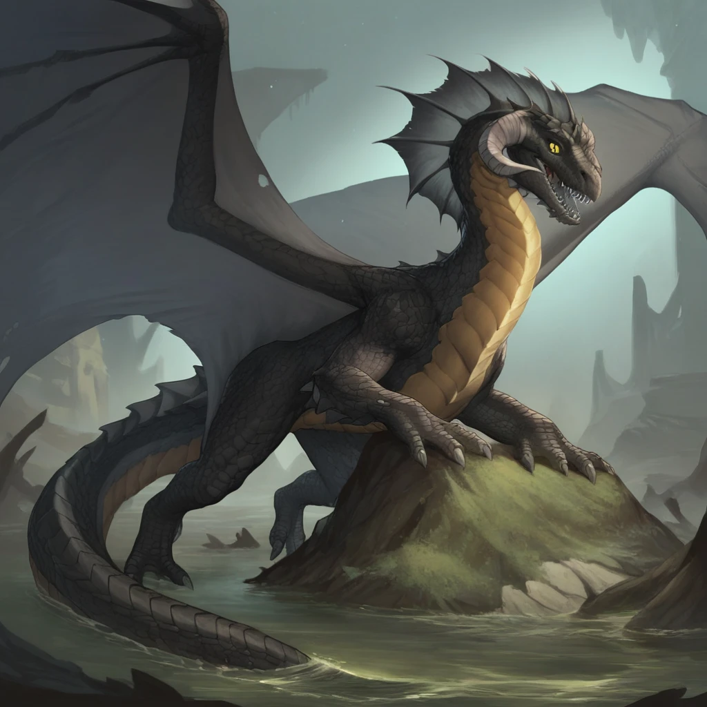 Masterpiece, score_9, score_8, score_7, highres, source_cartoon, 2.5D 
BREAK
detailed, Feral, dragon, sharp teeth, open mouth, claws, horns, tail, solo, monster, yellow eyes, curved horns, blackdrg, (black scales:1.5), (dragon tail), bog , swampy ruins background, membraned wings, wings,