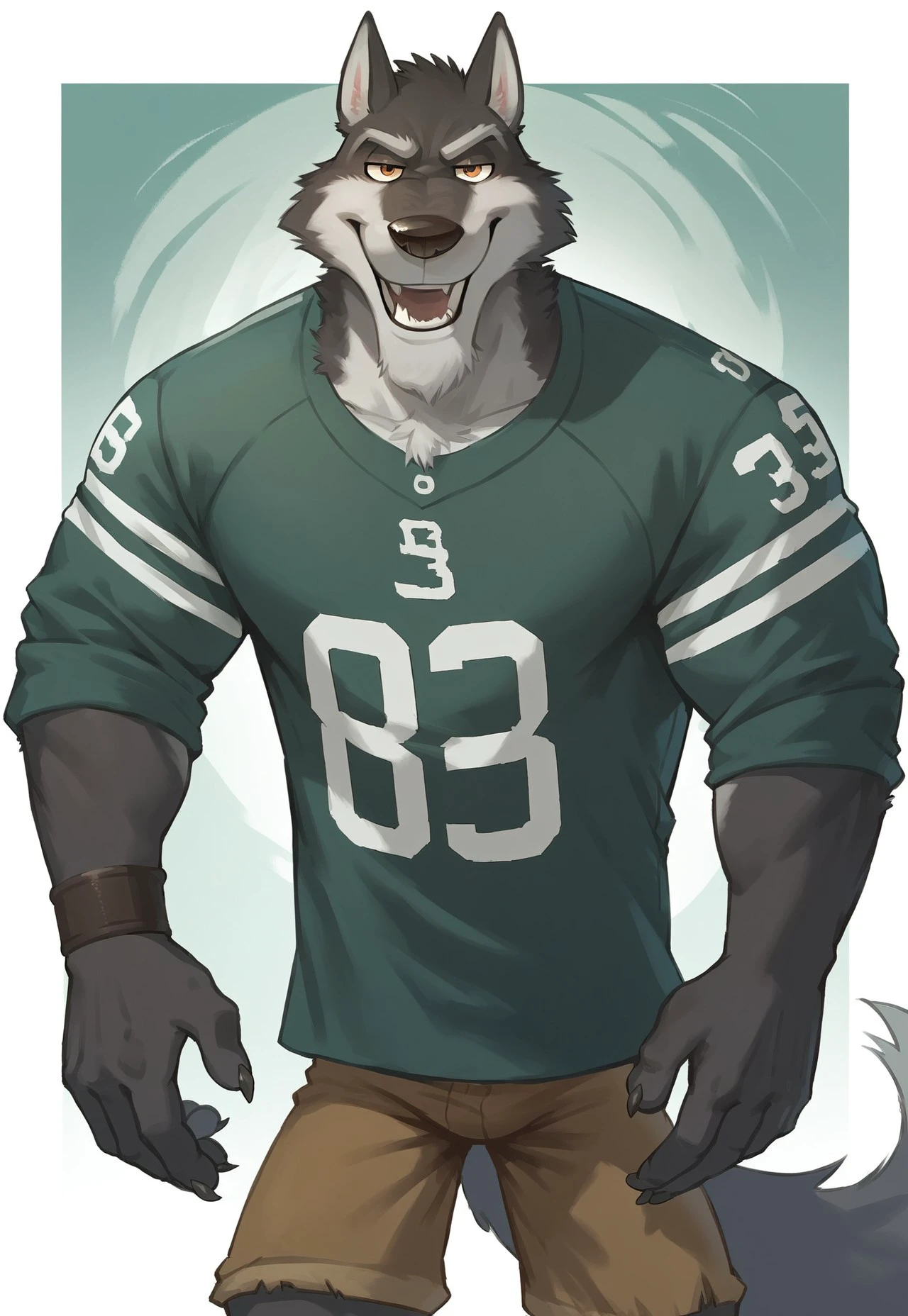 score_9, score_8_up, score_7_up, source_furry, Expressiveh, abstract background, bold lines, pose, Shredder, Dark Blue Fur, Wolf, Male, Anthro, Solo, Orange Eyes, Jersey Shirt, One Wristband, Brown Shorts, looking at viewer, half closed eyes, smile, open mouth