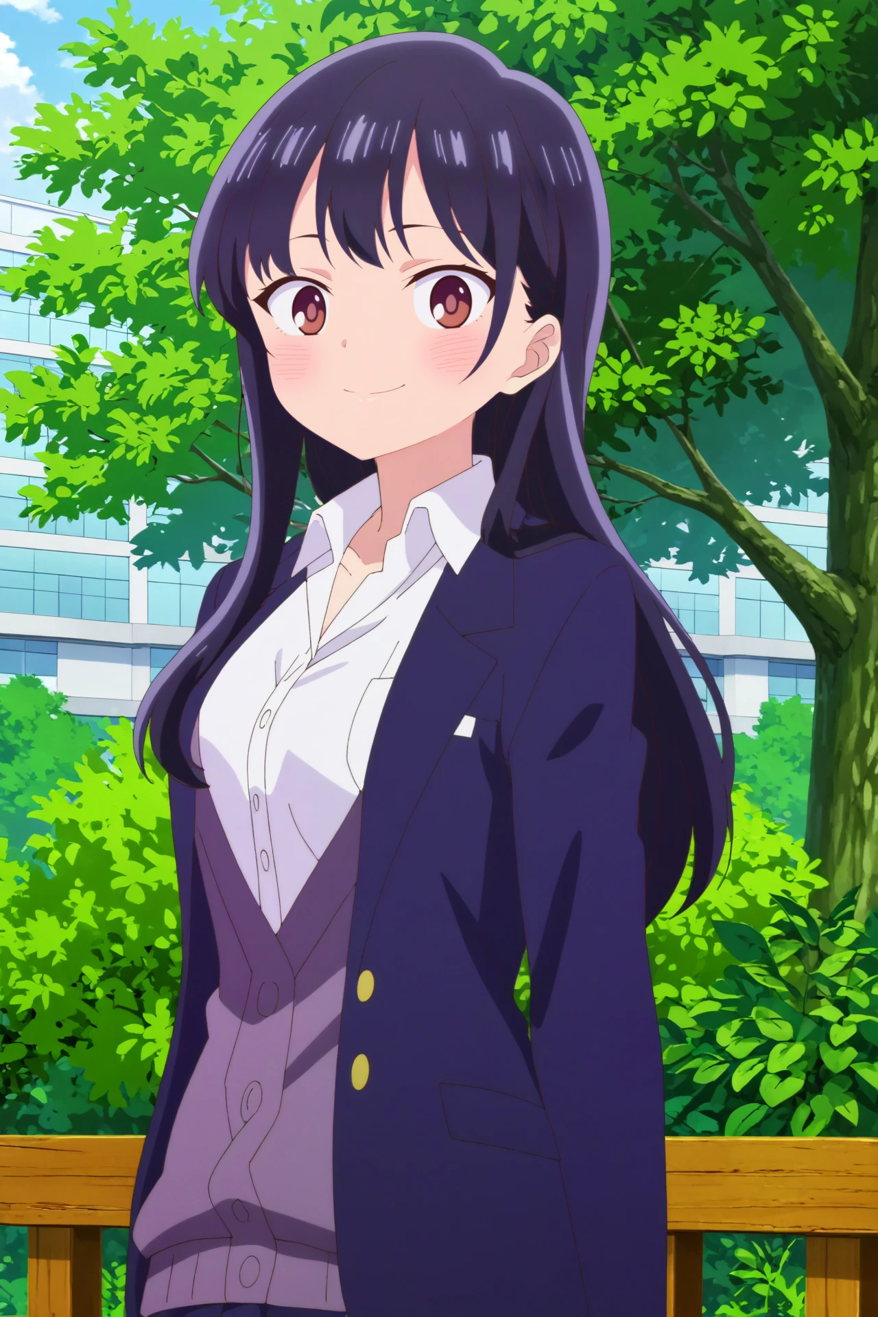 anna yamada,1girl,solo,looking_at_viewer,blush,long hair,school uniform,shirt,skirt,white shirt,smile,jacket,collared shirt,breasts,upper body
BREAK
outdoors,open field,tall trees,school buildings, light breeze



<lora:Anna_Yamada_-_BokuYaba.safetensors:0.8>