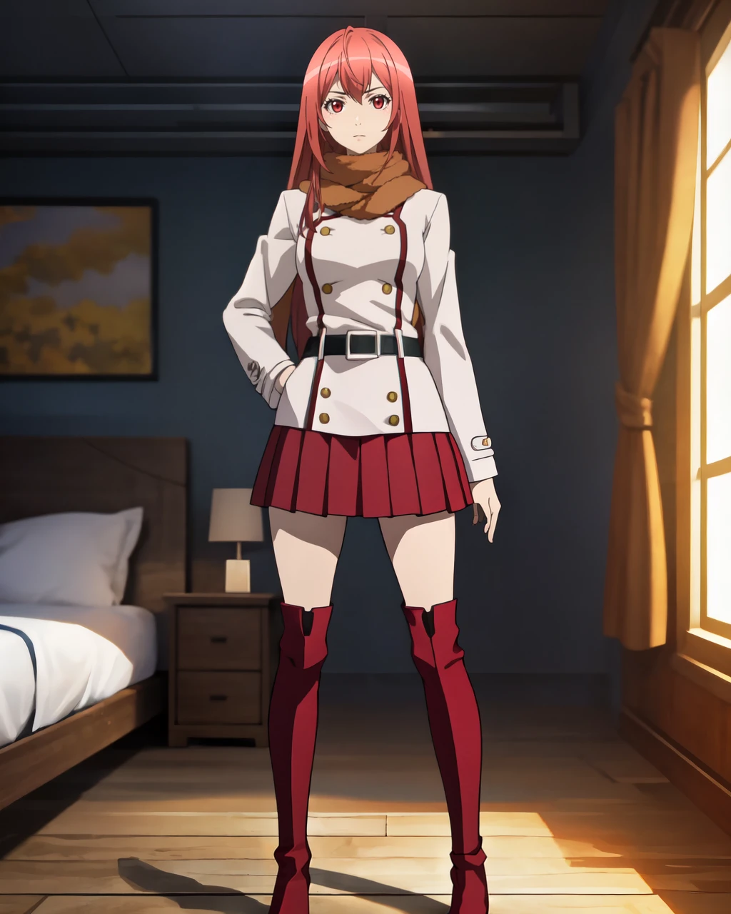 (masterpiece,ultra-detailed,best quality,8K,CG,illustration,shaved:1.0),solo focus,1girl, <lora:Hakaze-1.5:0.8>, Hakaze,long hair,red hair,red eyes, 
BREAK
scarf,long sleeves,red skirt,belt,knee boots,indoors
BREAK 
looking at viewer,full body