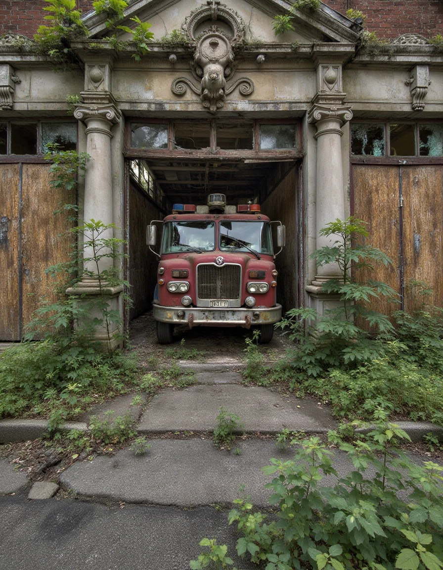 abndnd_plcs_rclmd, <lora:urban-decay-reclaimed_v10_rank64_bf16-step02160:1>A boarded-up fire station, the garage doors rusted shut and the windows broken. The fire truck inside is visible through the shattered glass, its red paint faded and peeling. The street outside is silent, with overgrown weeds pushing through the cracks in the pavement.