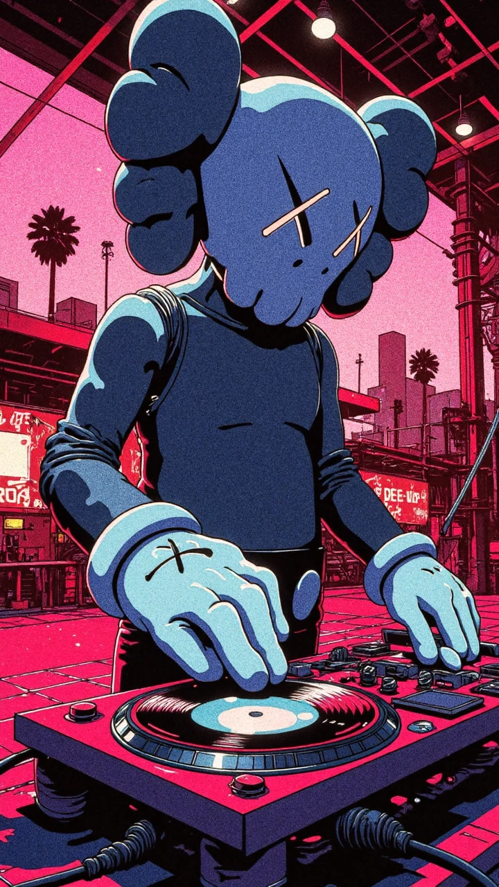 Retro anime style, (kaws), A full body portrait shot of a kaws figurine playing a dj set at a las vegas pool party, standing behind the turntables scratching records, retro anime style