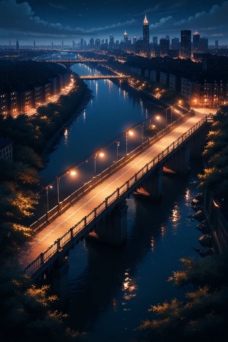 score_9, score_8_up, score_7_up, source_anime, rating_safe, night dark, natural lighting, bridge focus, CandiBRIDGE, no humans, bridge, railing, city lights, cityscape, from above, negative space, intricately detailed illustration, depth of field, atmospheric perspective