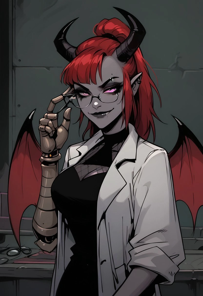 safe_pos, score_9, score_8_up, score_7_up, pureerosface_v1 BREAK, ((1 girl, grey skin, goth, goth girl, goth makeup, grey colored skin, red hair, demon girl, succubus, horns, wings, bat wings, demon wings, red wings, lab coat, coat, single mechanical arm, glasses, round glasses, ponytail, high taied ponytail, side bangs, Oneprostethicarm, pink eyes, smug, smile, closed mouth, amputee, prosthesis, prosthetic arm, medium breasts, hud_b1te_gl4sses, eyewear removed, holding eyewear, parted lips, biting glasses))