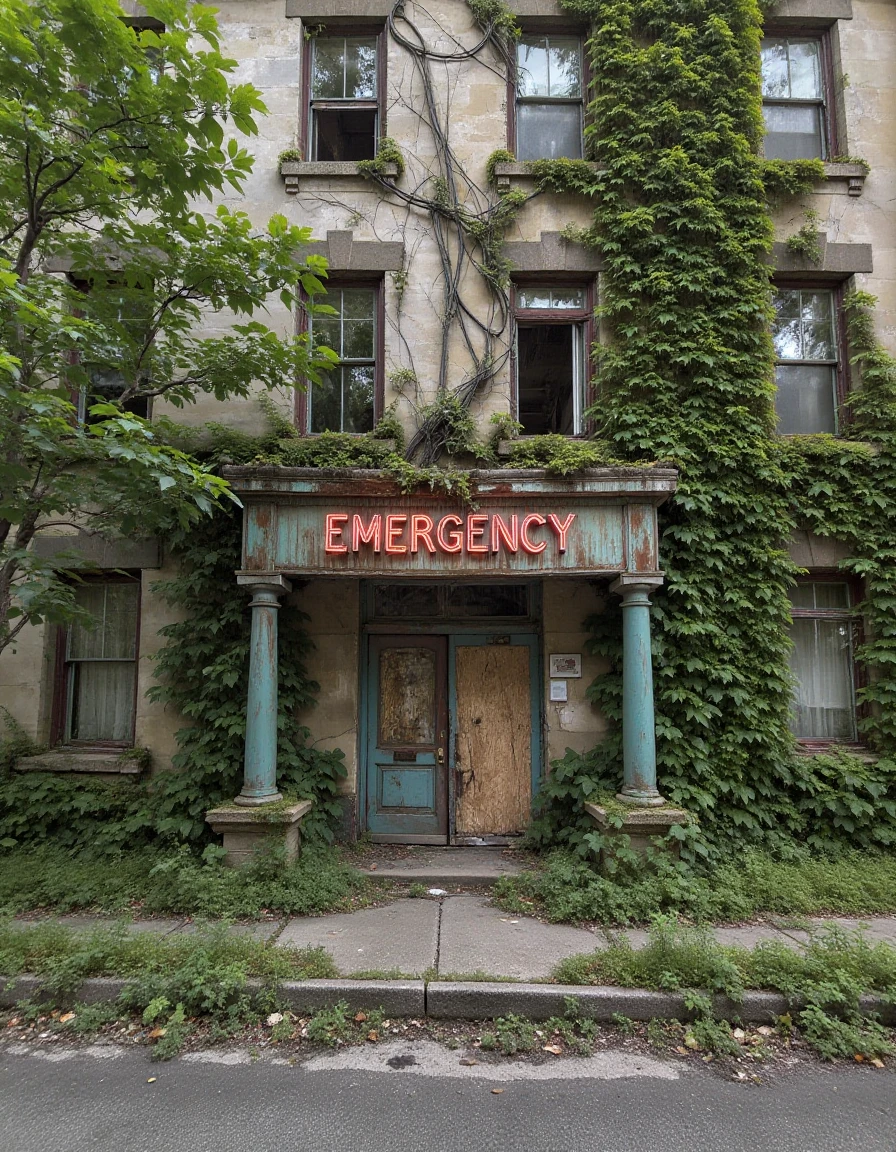 abndnd_plcs_rclmd, <lora:urban-decay-reclaimed_v10_rank64_bf16-step02160:1>,An abandoned hospital on a desolate street corner, its windows boarded up and the front entrance rusted shut. The once-bright "Emergency" sign flickers weakly, casting a faint red glow. The buildingâs facade is cracked, with ivy climbing up its weathered stone walls.