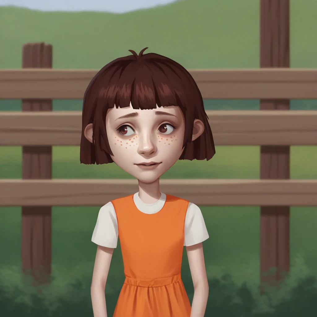 score_9_up, score_8_up, BREAK, AngelaAnaconda, 1girl, solo, brown hair, short hair, brown eyes, freckles, orange dress, short sleeves, upper body,  <lora:AngelaAnaconda_PXL_Leaf1:1>, outdoors,