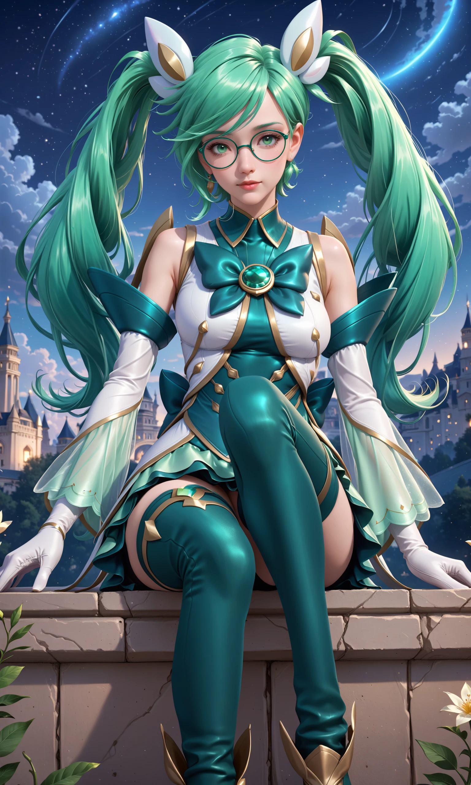 score_9, score_8_up, score_7_up, (1girl), (absurdres, ,highres), (masterpiece, best quality), (perfect details, highest detailed, extreme detailed),
 <lora:SGSonaSDXL:0.8>, star guardian sona, thighhighs, green hair, green eyes, long hair,  twintails, gloves, hair ornament,  skirt, detached sleeves, glasses, green bow, boots, sitting, night, starry sky