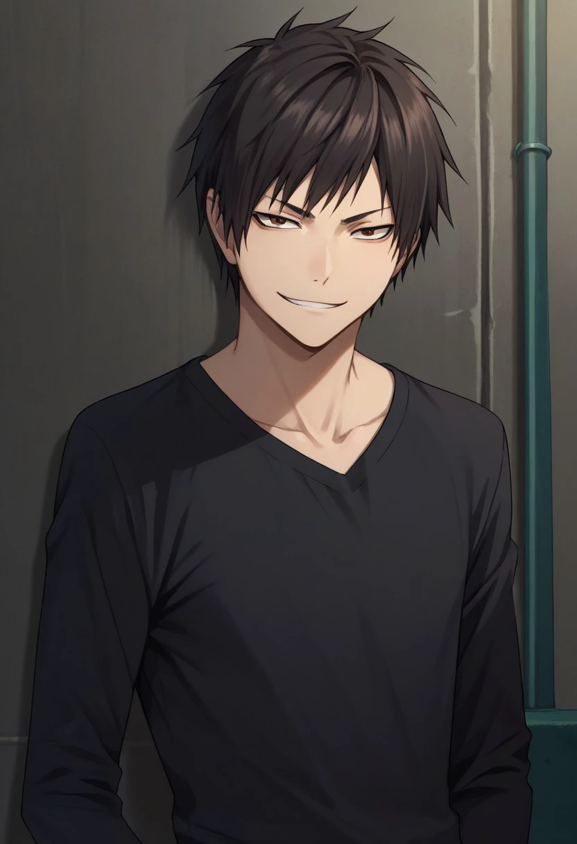 score_9, score_8_up, score_7_up, source_anime, highly detailed, 
izaya, 1boy, male focus, solo, black hair, short hair, brown eyes, shirt, black shirt, long sleeves,smirk
outdoor,