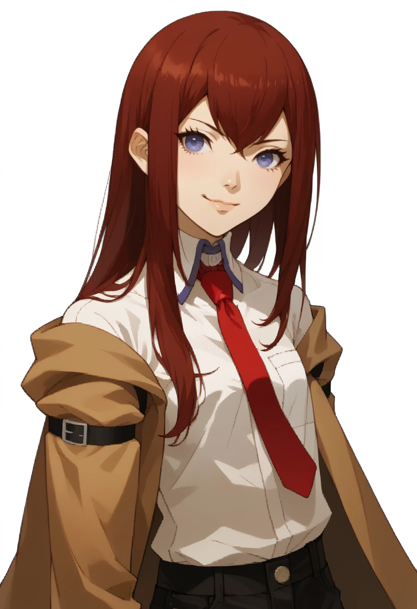 score_9, score_8_up, score_7_up, source_anime, 1girl, solo, smile, closed mouth
<lora:zs_SMTIVPortraitsXL_2:1> smtivportraits, portraits, white background
 <lora:steinsgate_makise_ponyXL:1> makise kurisu, brown jacket, off shoulder, white shirt, red necktie, black shorts,