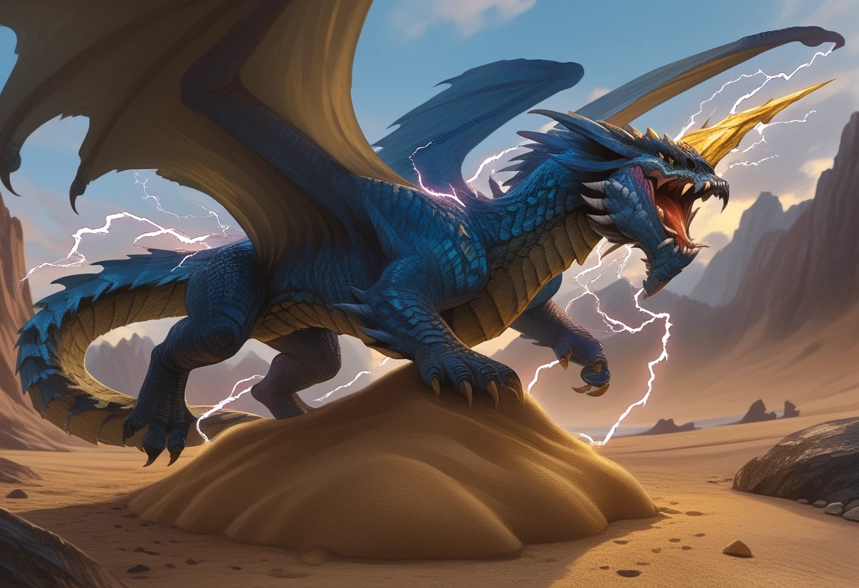 Masterpiece, score_9, score_8, score_7, highres, source_cartoon, 2.5D
BREAK
solo, bluedrg, day, wings, yellow_underbelly, big horn on head, claws, monster, blue scales, rock, electricity, flying, tail, scales, sand, sky, dnd_dragon, yellow eyes, feral, large dragon, open mouth, roaring