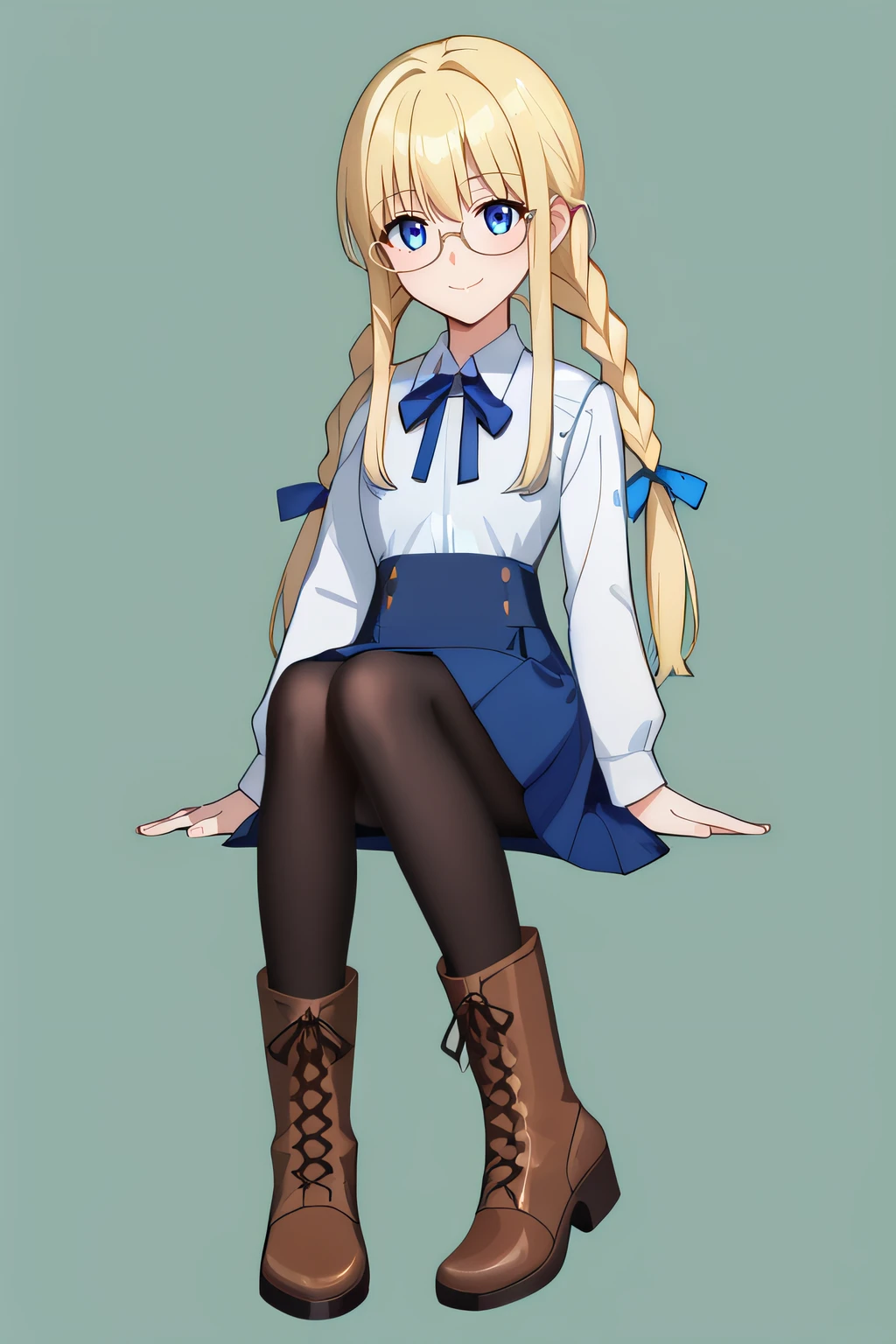 score_9, score_8_up, score_7_up, source_anime, rating_safe, intricate details, anime screencap, official style, 1girl, <lora:Tori:1>, tori, blonde hair, twin braids, glasses, blue eyes, long locks, <lora:Artoria_outfit:0.6>, white collared shirt, blue ribbon, blue skirt, black pantyhose, brown boots, lace-up boots, looking at viewer, smile, simple background, sitting, full body