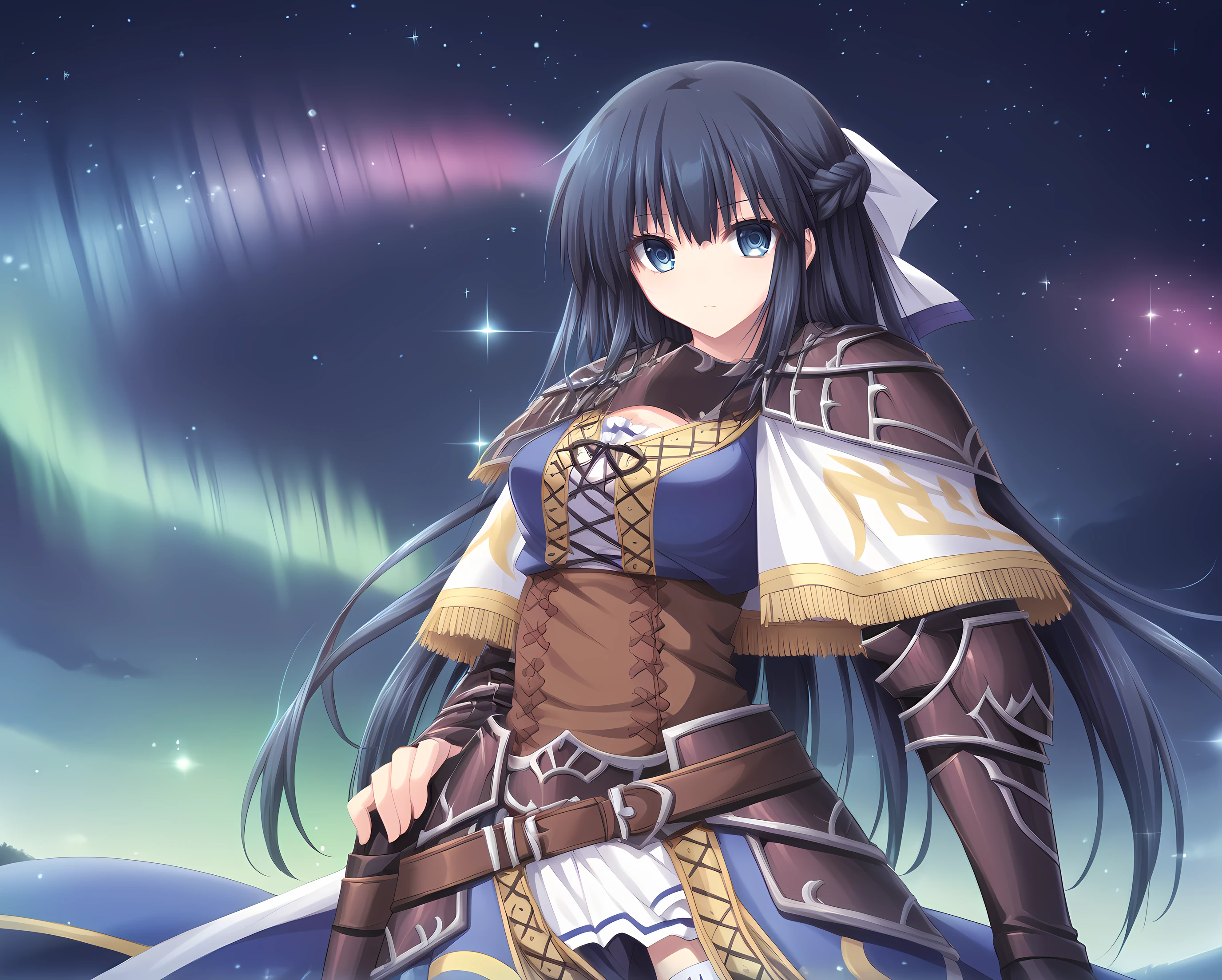 moonlight,moonlit,night,dark room,eushully,liselle,long hair,black hair,blue eyes,half updo,ribbon,braid,armor,hair ribbon,pauldrons,boots,blue hair,large breasts,gloves,zettai ryouiki,cross-laced clothes,belt,white thighhighs,galaxy,star \,(sky\),aurora,rainbow,cowboy shot,standing,sheath,<lora:Eushully_Liselle_Madou_Koukaku_EP10:1>,, score_9, score_8_up, score_7_up,source_anime,(masterpiece),(best quality),(ultra-detailed),(best illustration),(best shadow),(absurdres),(detailed background),(very aesthetic),source_anime